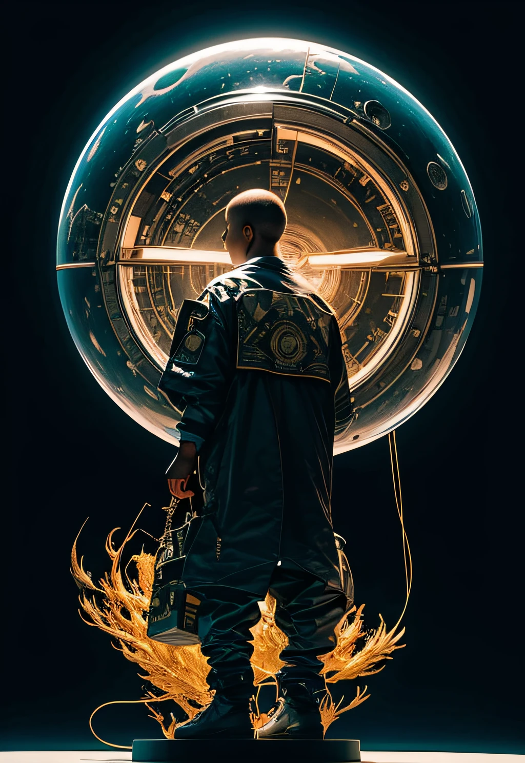 a man coming out of a spaceship like the one in Starwars, Black man, negroid, holding a mechanical sphere with floating glowing cubes, the sphere has some glowing lines. the cubes are radiating energy. the man is commanding the sphere, the man is a scientist. Hyper realistic, Photography, Picture of the week, RAW, beautiful, (finely detailed skin), African skin, delivery driver, standing next to DHL stargate, imechanical futuristic uniform, glowing Clouds in the background, lightning, extremely detailed,colorful,highest detailed, (dynamic pose), shiny skin, zentangle, flowers, abstract background,(masterpiece) (perfect proportion)(realistic photo)(best quality) (detailed) photographed on a Canon EOS R5, 50mm lens, F/2.8, HDR, (8k) (wallpaper) (cinematic lighting) (dramatic lighting) (sharp focus) (intricate)