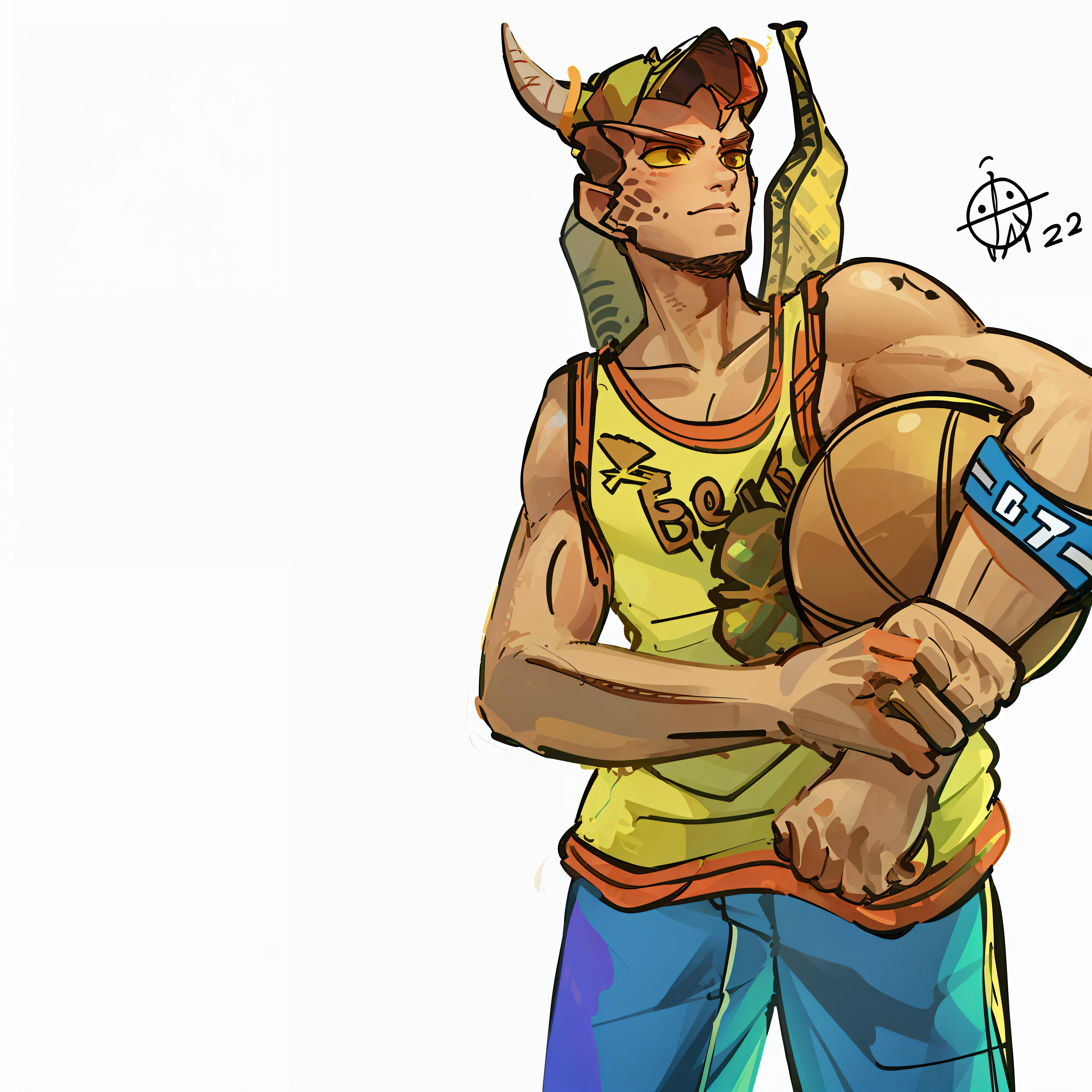 desenho animado de um homem segurando uma bola de basquete e um basquete, joseph joestar, Sem chifres, Chifres!, com chifres, em um capacete com chifres, warriors fan art, inspirado em Eiichiro Oda, Lowres, horns on head, Junkrat de Overwatch, two horns on the head, inspirado em Junpei Satoh, inspirado no CHAMBA, eles chifres
