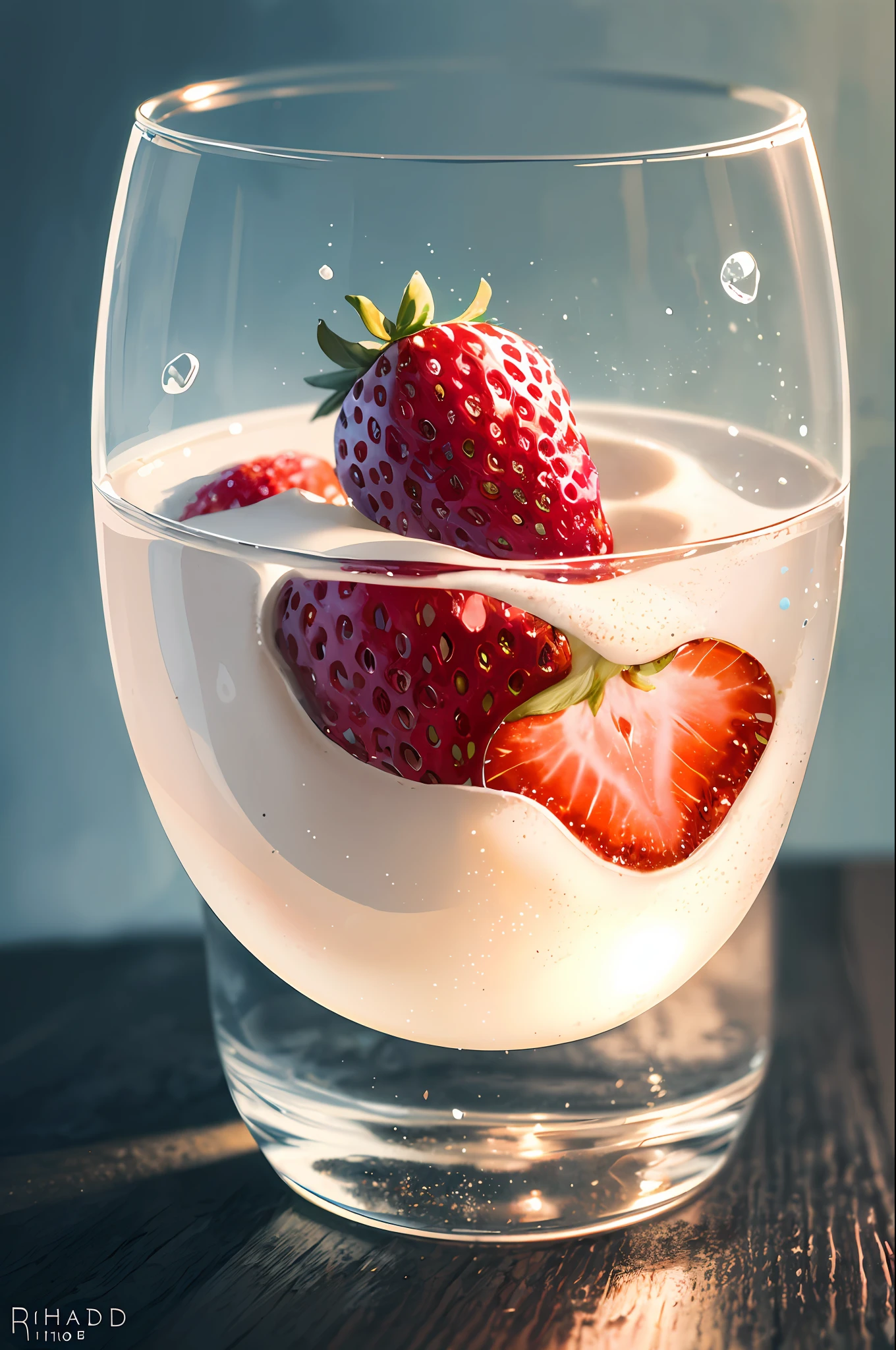 (Magical Photo:1.3) of (Realistic:1.3),(Energetic:1.3) product photography of a strawberries falling into a glass of milk, splash, intricate, epic,(by Artist RHADS:1.3),Highly Detailed,(Provia:1.3)