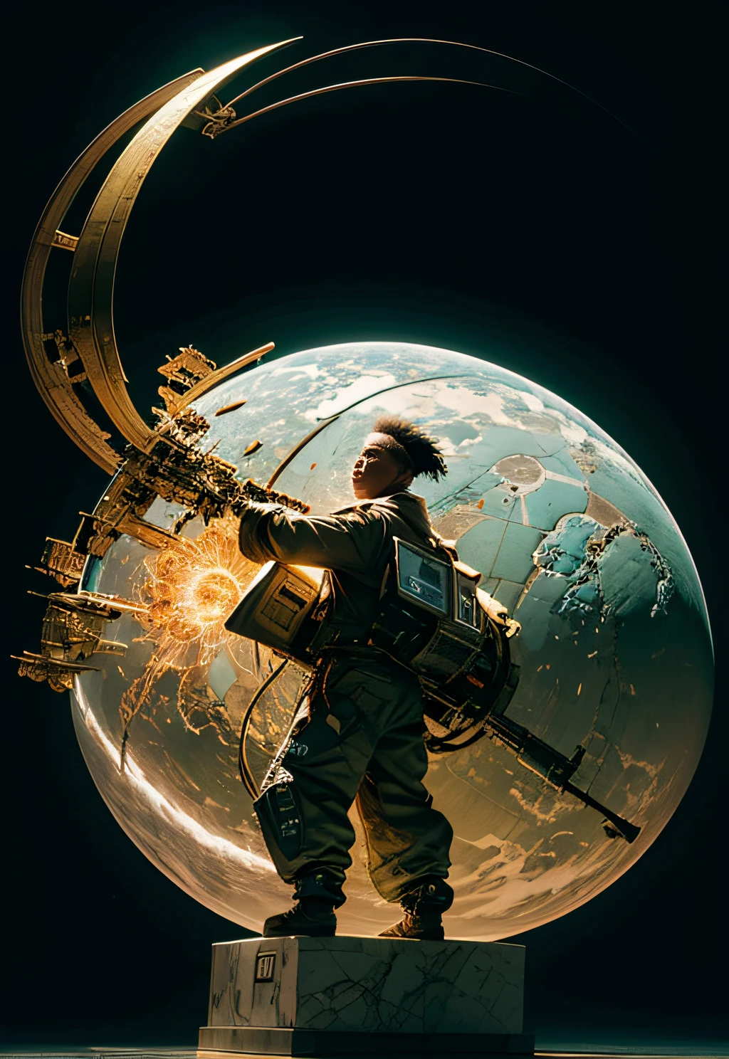 a man coming out of a spaceship like the one in Starwars, Black man, negroid, holding a mechanical sphere with floating glowing cubes, the sphere has some glowing lines. the cubes are radiating energy. the man is commanding the sphere, the man is a scientist. Hyper realistic, Photography, Picture of the week, RAW, beautiful, (finely detailed skin), African skin, delivery driver, standing next to DHL stargate, imechanical futuristic uniform, glowing Clouds in the background, lightning, extremely detailed,colorful,highest detailed, (dynamic pose), shiny skin, zentangle, flowers, abstract background,(masterpiece) (perfect proportion)(realistic photo)(best quality) (detailed) photographed on a Canon EOS R5, 50mm lens, F/2.8, HDR, (8k) (wallpaper) (cinematic lighting) (dramatic lighting) (sharp focus) (intricate)