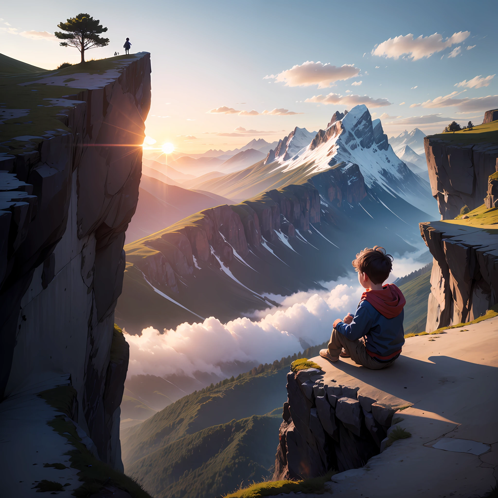 A sits on the edge of a cliff,Curiously watching the sun in the mountains appear from the clouds --auto