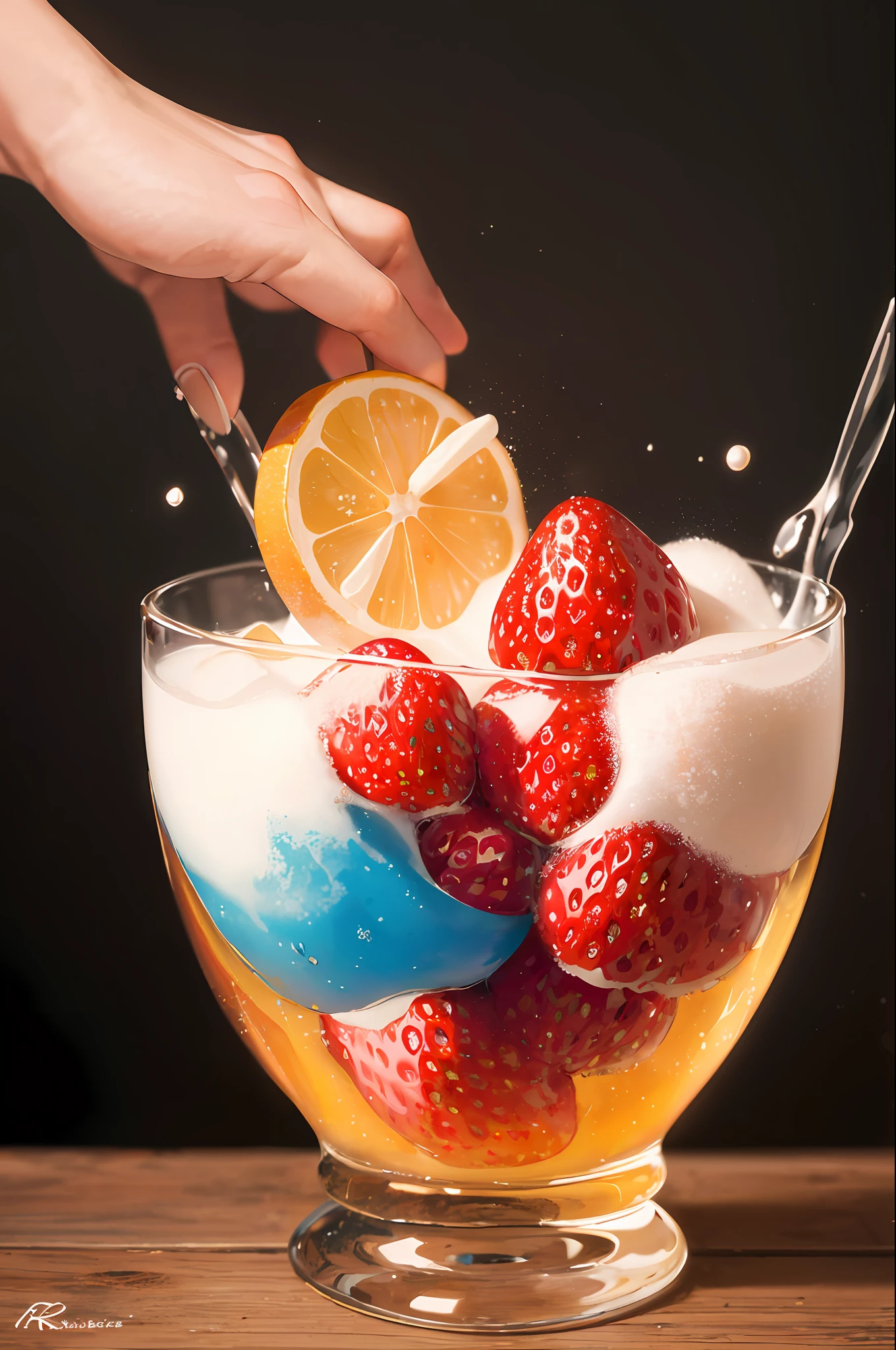 (Magical Photo:1.3) of (Realistic:1.3),(Energetic:1.3) product photography of a strawberries falling into a glass of milk, splash, intricate, epic,(by Artist RHADS:1.3),Highly Detailed,(Provia:1.3)