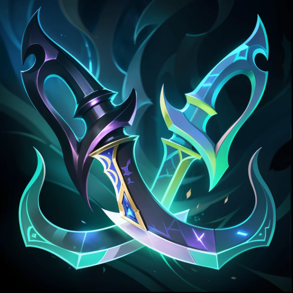 there is a picture of two swords with blue lights on them, dual swords, arcane league of legends, league of legends arcane, fantasy scythe, arcane : league of legends, style of league of legends, arcane jinx, glaive, style of ghost blade, league of legends style art, painted in the style arcane, sword antlers --auto