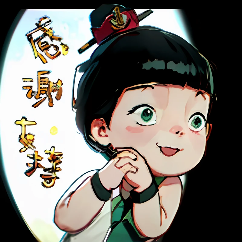 An old little boy,Black coiled hairs,The corners of the mouth are raised,White color blouse,green tank top