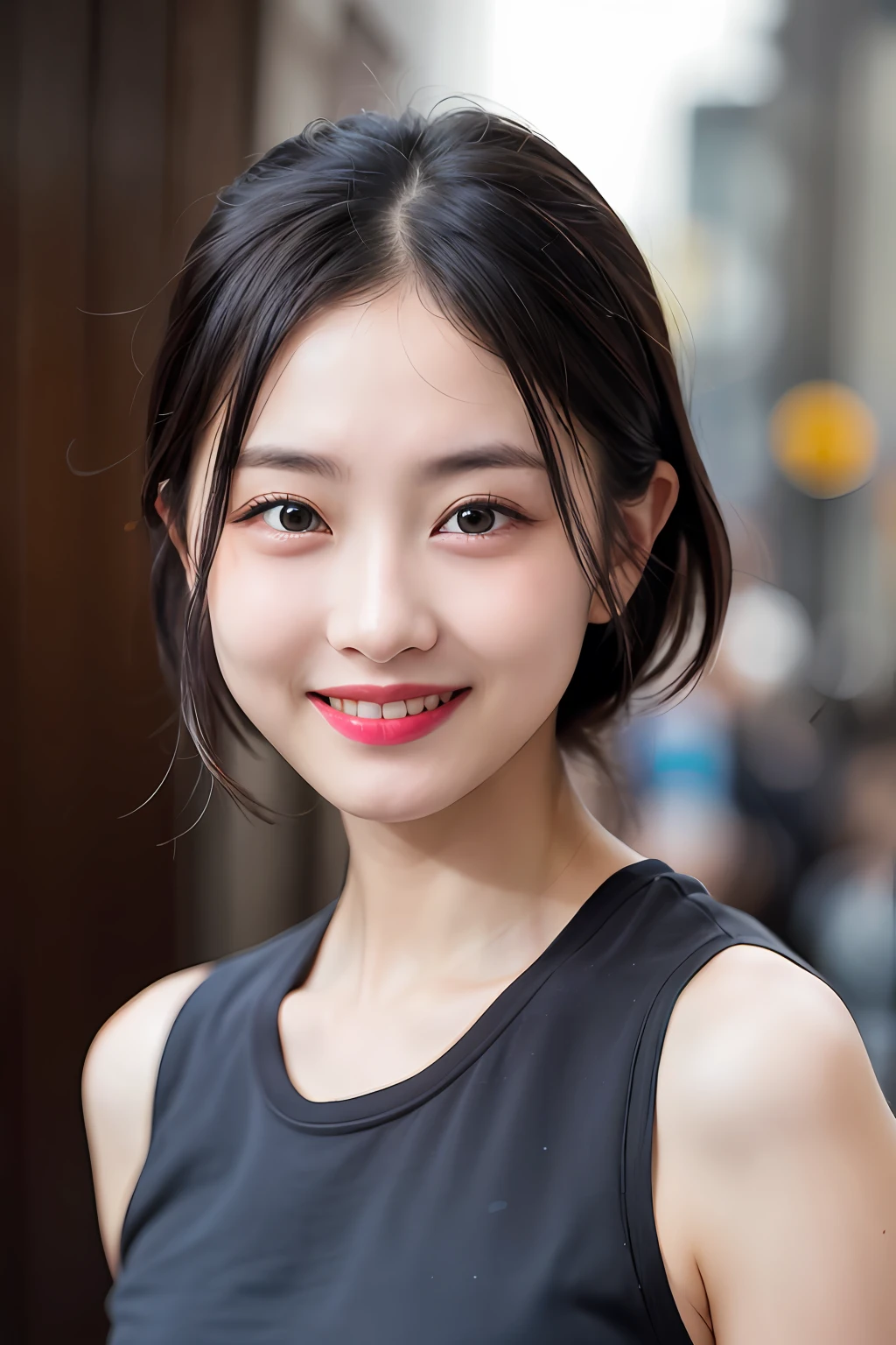 clothed、(Photo Real:1.4)、(hyper realisitic:1.4)、(realisitic:1.3)、
(Smoother lighting:1.05)、(Improved lighting quality in movies:0.9)、32K、
1girl in、20 years girl、Realistic lighting、back lighting、Facial light、raytrace、(Brightening light:1.2)、(Increase quality:1.4)、
(Top quality real texture skins:1.4)、finely eye、finerly detailed face、
(tired and sleepy and joy:0)、(laught:1.4)、close up of face、tank top,
(Mood up the body line:1.1)、(Improve skin texture:1.1)