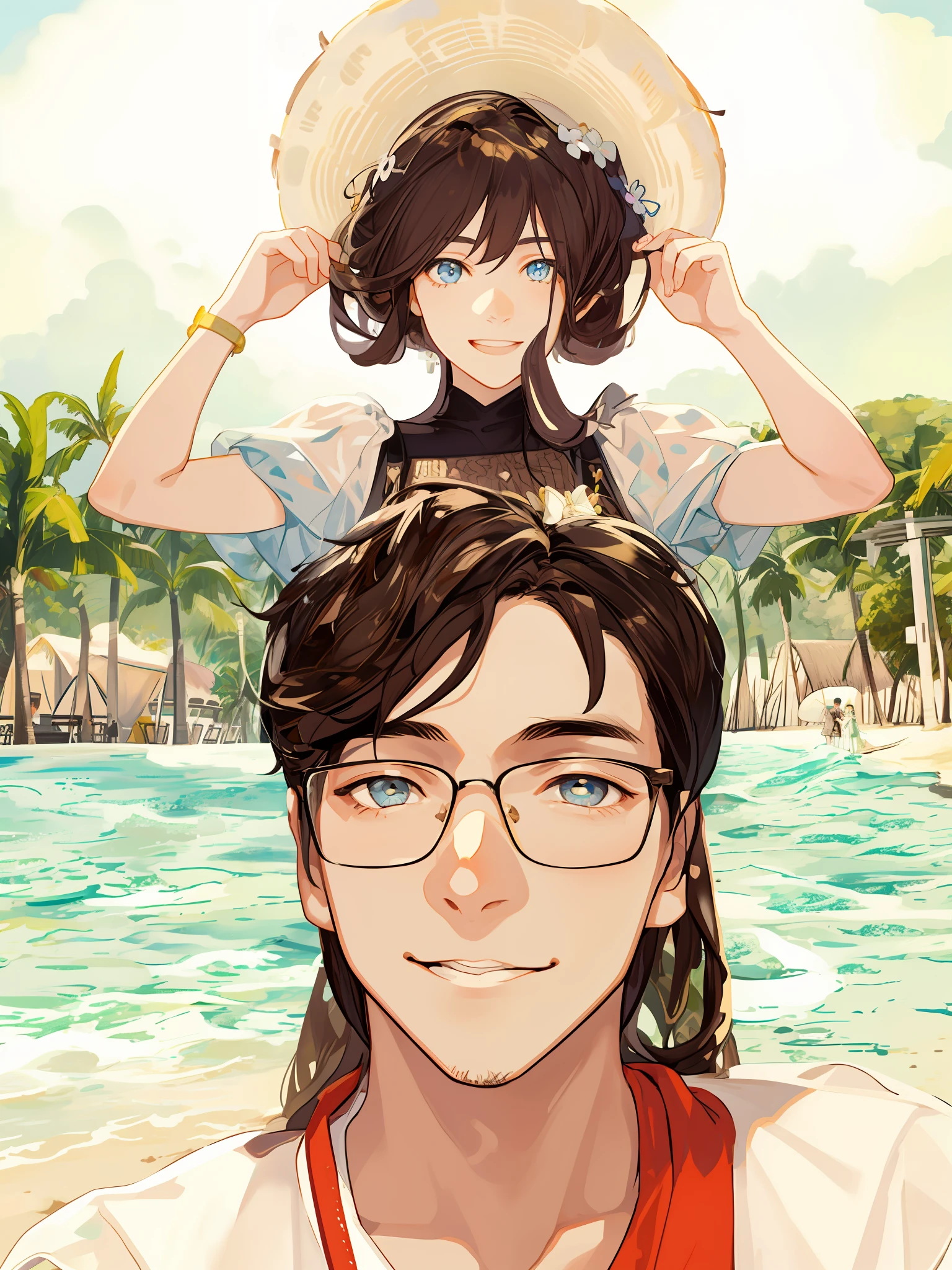 tmasterpiece,Need,2guys,couple,1man 1girl,Teenagers,White complexion,Delicate eyes and delicate face,Complicated details,Boy shirt,Girl princess dress,take hand,ssmile, Happy love,Background: sandbeach,Coconut Tree,romantic atmoshere