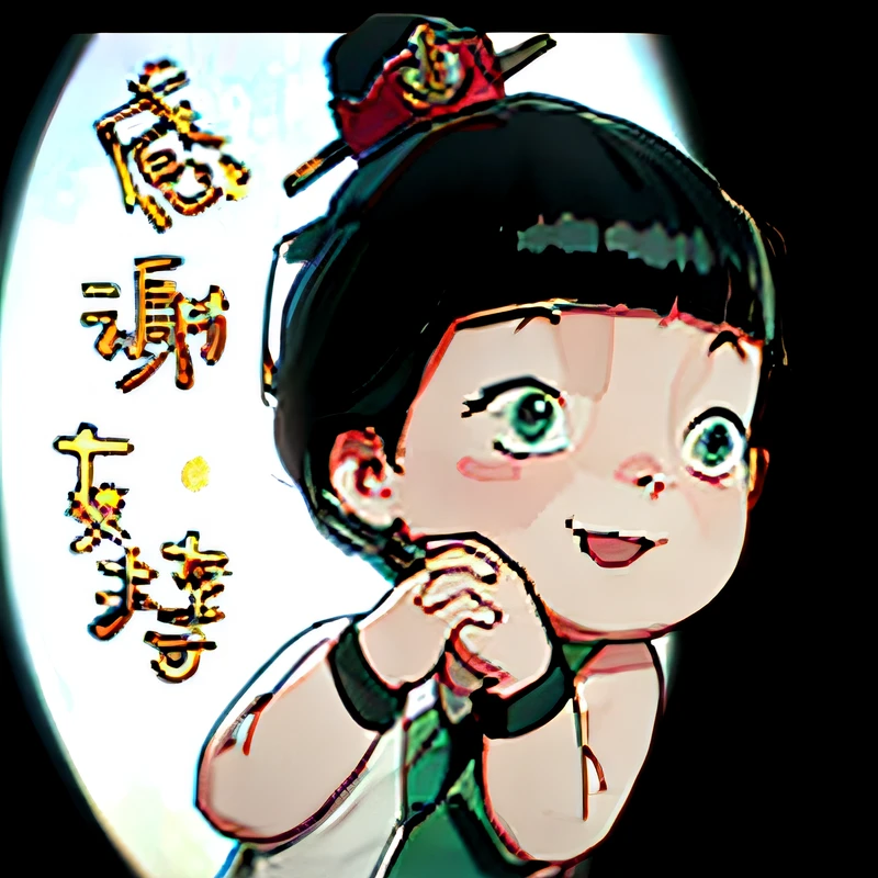 An old ,Black coiled hairs,The corners of the mouth are raised,White color blouse,green tank top