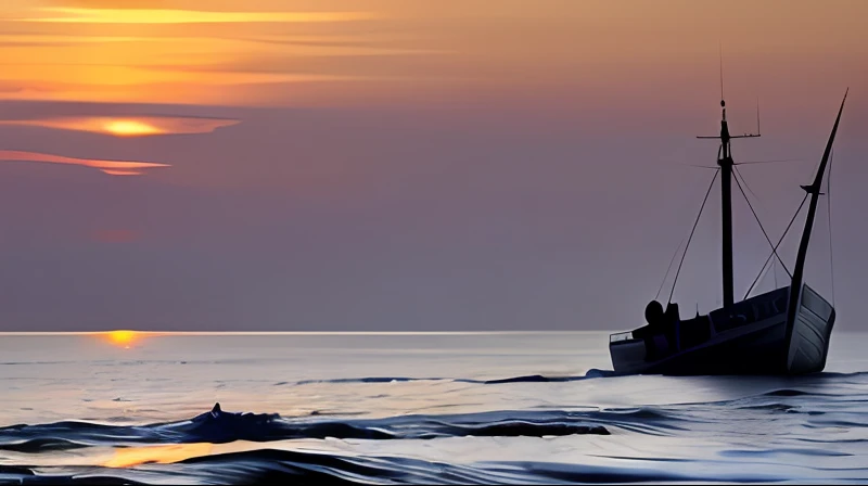 Through the color palette of blue，It renders a very beautiful sea surface with irregular waves。The dusk sunset stained the entire sky，The clouds form this stunning painting after sunset。A petite fishing boat paddles across the sea，Gently，quietly。The fisherman seemed to be waiting quietly，Wait for the arrival of lobster or fish。Besides，The picture also sets off the atmosphere of the environment，It seems to depict the simple and simple life of fishermen。