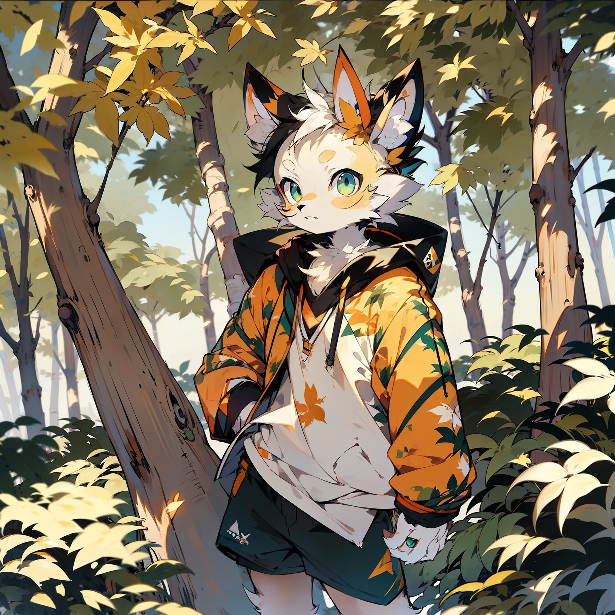 shota,furry,cute,lovely,yellow fur,white ears,blue eyes,green hoodie,navy blue shorts,warm lights,daytime,fantastic shadow light,maple trees,maple leaves.shadow,nature,grass,flat