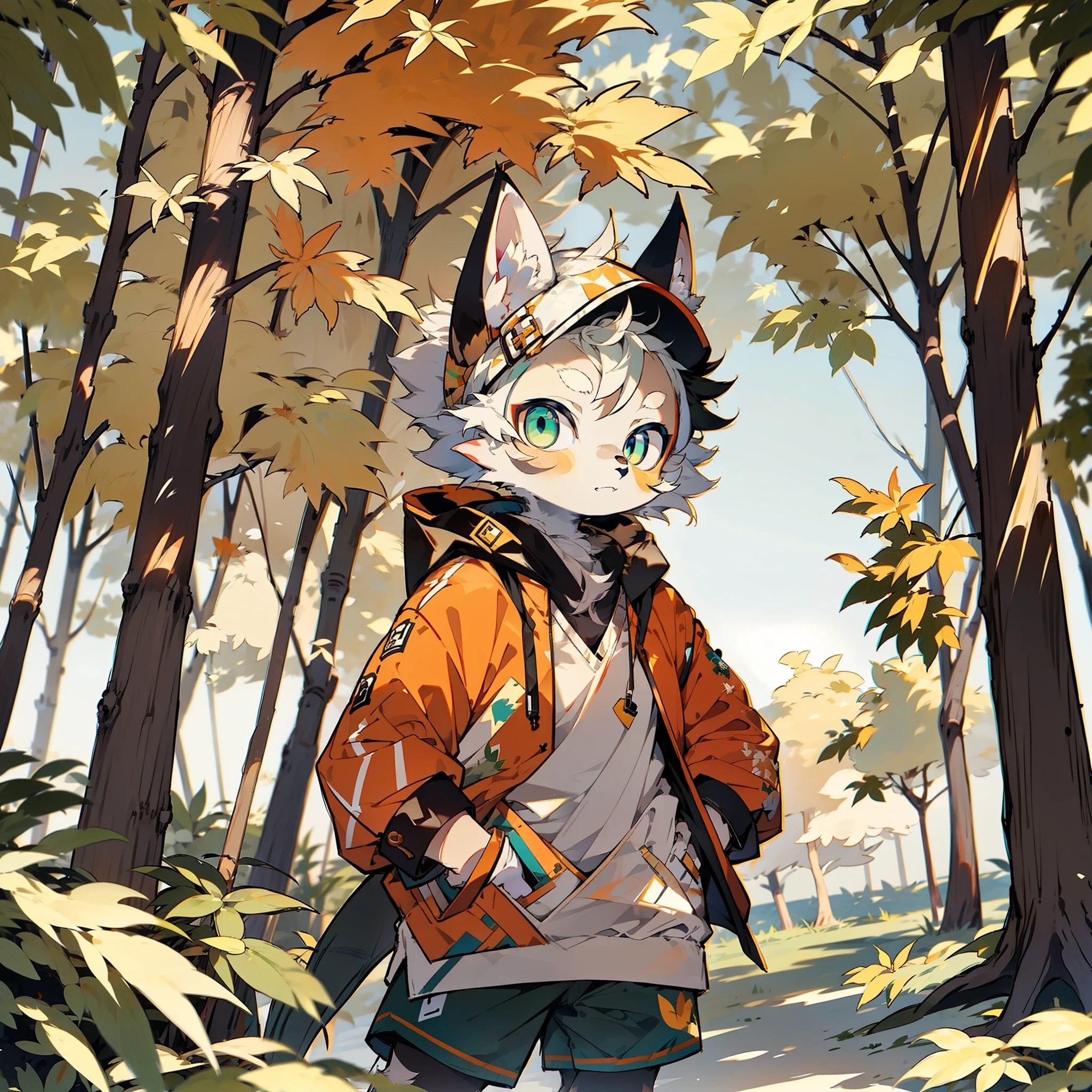 shota,furry,cute,lovely,yellow fur,white ears,blue eyes,green hoodie,navy blue shorts,warm lights,daytime,fantastic shadow light,maple trees,maple leaves.shadow,nature,grass,flat