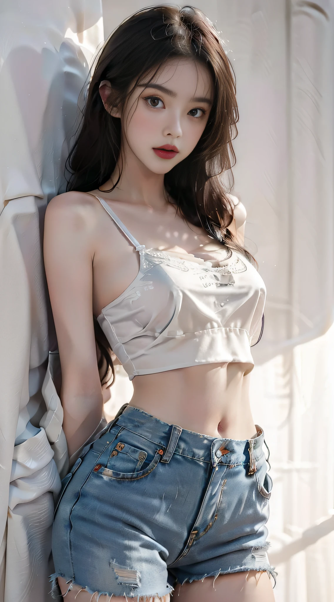 Girl posing for photo in white bra and tight denim, arms behind back, full body, with cropped t-shirt, bra, slim figure, smaller bust, slim girl model, 24 year old female model,