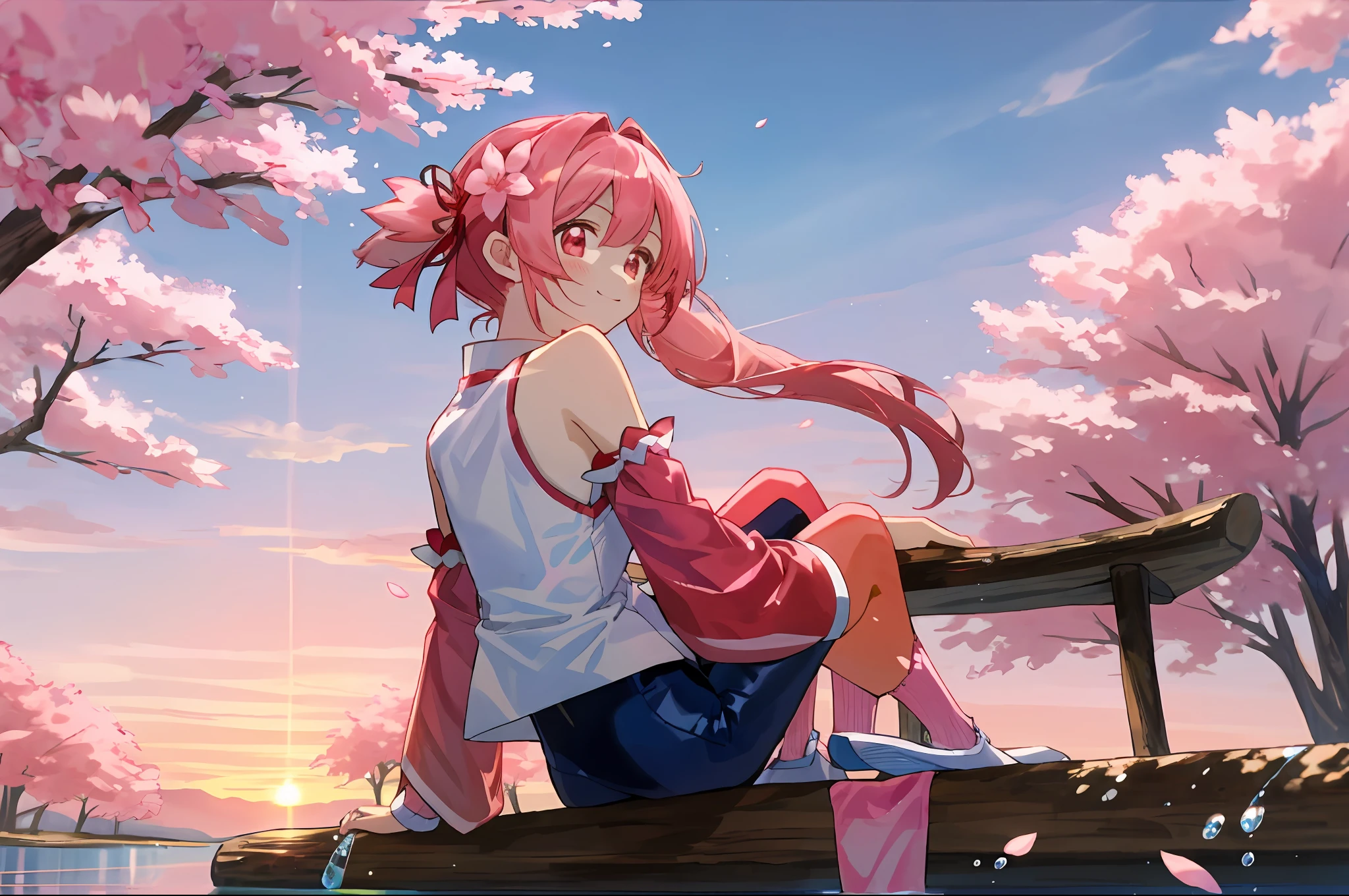 SakuraNS， The upper part of the body， ssmile， Be red in the face， sitted， from back， （SakuraNS））， Sit on a tree， （（Pink sleeves））， full bodyesbian， pink hues， （（Pink stockings））， pink skies， Look into the distance， the sunset，swim wears