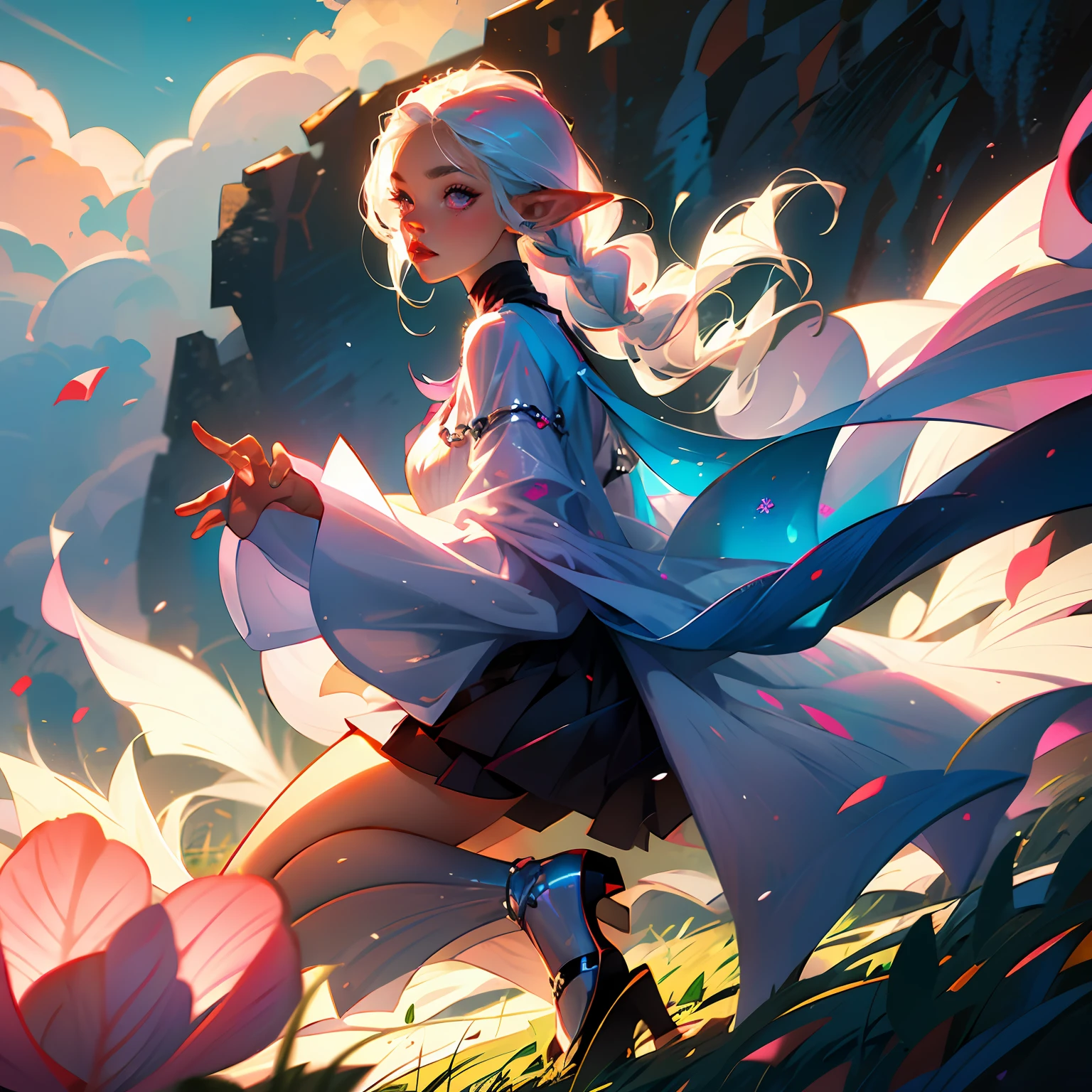 girl, long hair pigtail, pink eyes, white hair, white dress, black shoes, virtual painted com orelhas de elf --auto