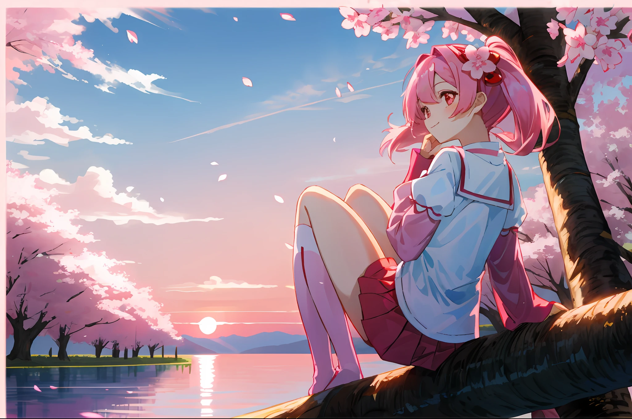 SakuraNS, The upper part of the body, ssmile, Be red in the face, sitted, from back, (SakuraNS)), Sit on a tree, ((Pink sleeves)), full bodyesbian, pink hues, ((Pink stockings)), pink skies, Look into the distance, the sunset,swim wears
