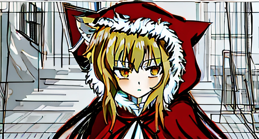 Anime drawing of a girl wearing a red hood and cat ears, wearing red fur cloak, in an anime style, In anime style, made with anime painter studio, drawn in anime painter studio, anime style like fate/stay night, high quality colorful sketch, dressed in a beautiful red cloak, Holo is a wolf girl, wearing a scarlet hoodie