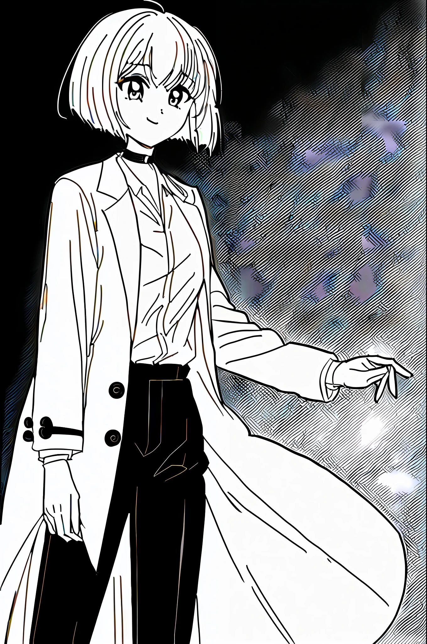 girl with short hair, 独奏, a 1girl, Short Hair Hair, square, Bob hairstyle, overcoat, white coat, black undershirt, choker, Black pants, monochrome, line art