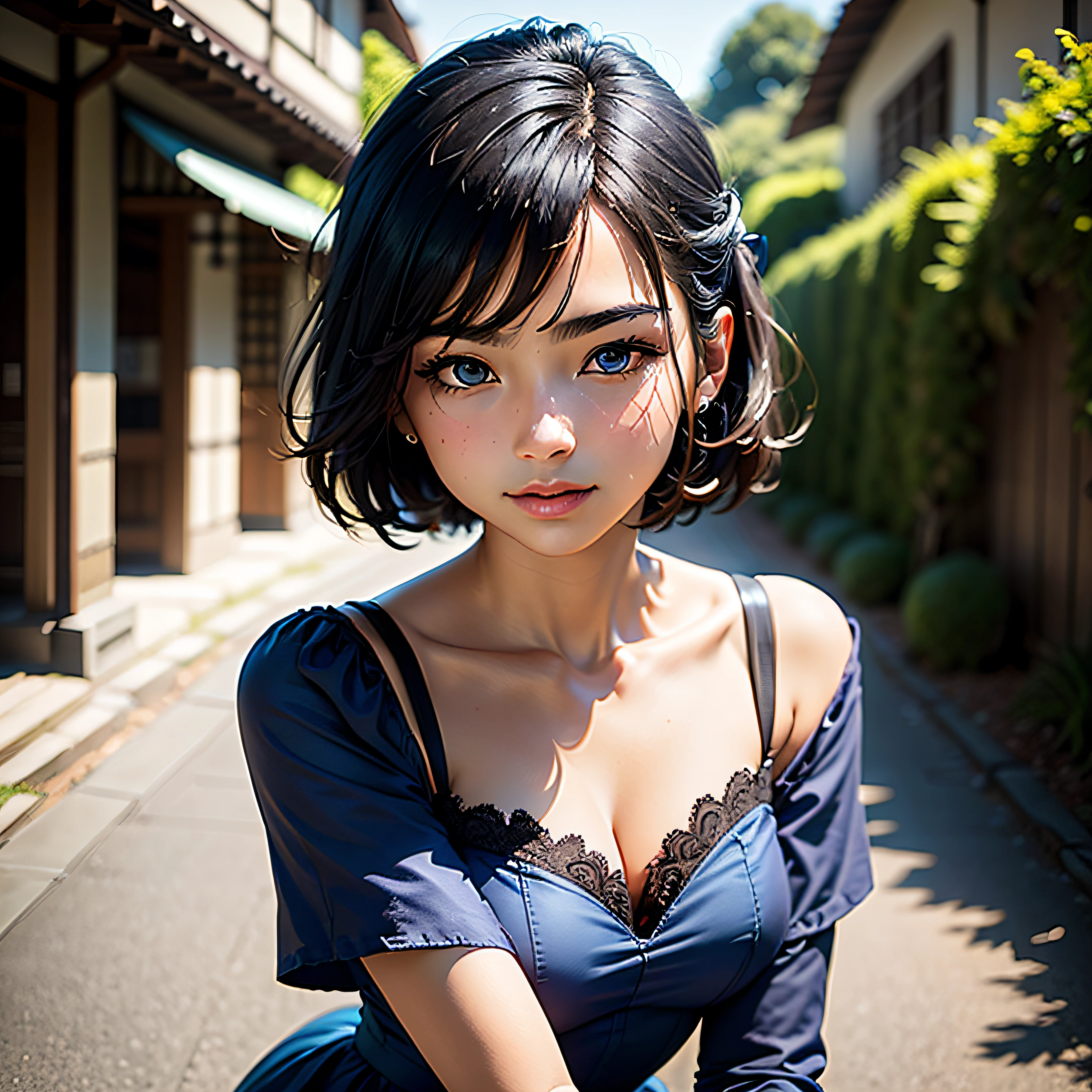 (masterpiece, highest quality, highest resolution, distinct_image, detailed detail, portrait): (Solo, lone girl, face is Japan, short cut, girl with black hair, (perfect body: 1.4), sparkling blue colored eyes, blue dress figure, very delicate and beautiful, detailed skin, slim body, gentle smile, heroine, headset, boots, front, Towards the viewer), rural landscape
