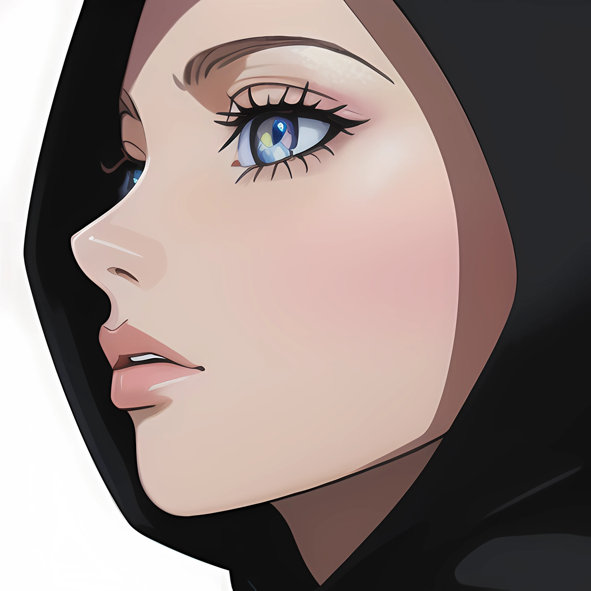 close up portrait of middled age woman with a hood on & with giant eyes & tiny nose & closed giant lips!!!, she is looking at the camera & her expression is solemn, colorfull anime portait, colorfull anime profile, solemn expression, mysterious portrait of a woman, inspired by Naruto anime series, myself, mysterious portrait, mysterious eerie portrait, night!!! (((masterpiece))), (((best quality))), ((ultra-detailed)), (highly detailed anime illustration), ((an extremely delicate and beautiful)),(from side),cinematic light,((1anime woman)),solo, black background, extreme detailed,colorful,highest detailed