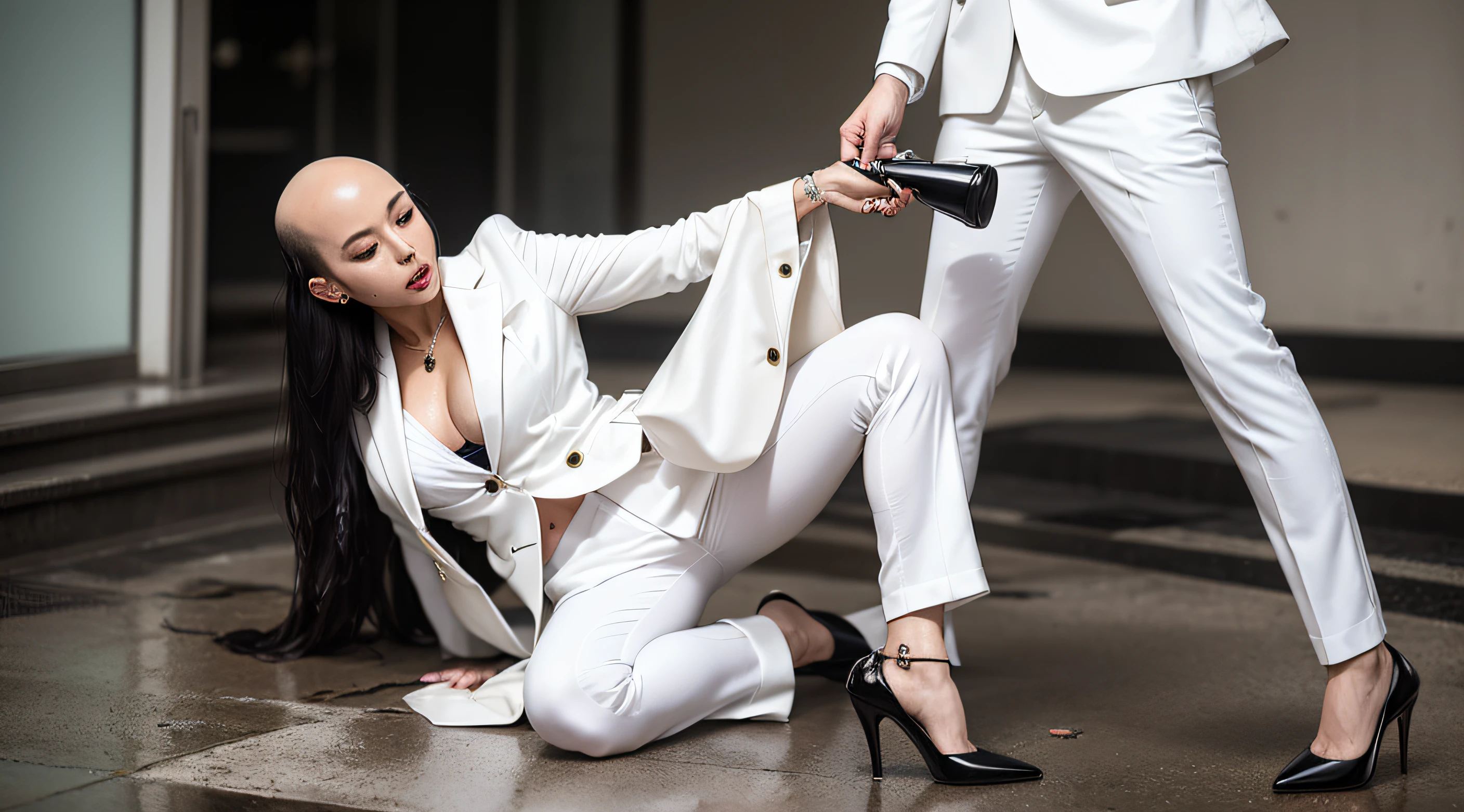 A woman in a white suit had her hair shaved,bald-headed ,Wear high heels and white suit pants,Dirty mess,drenched all over the body