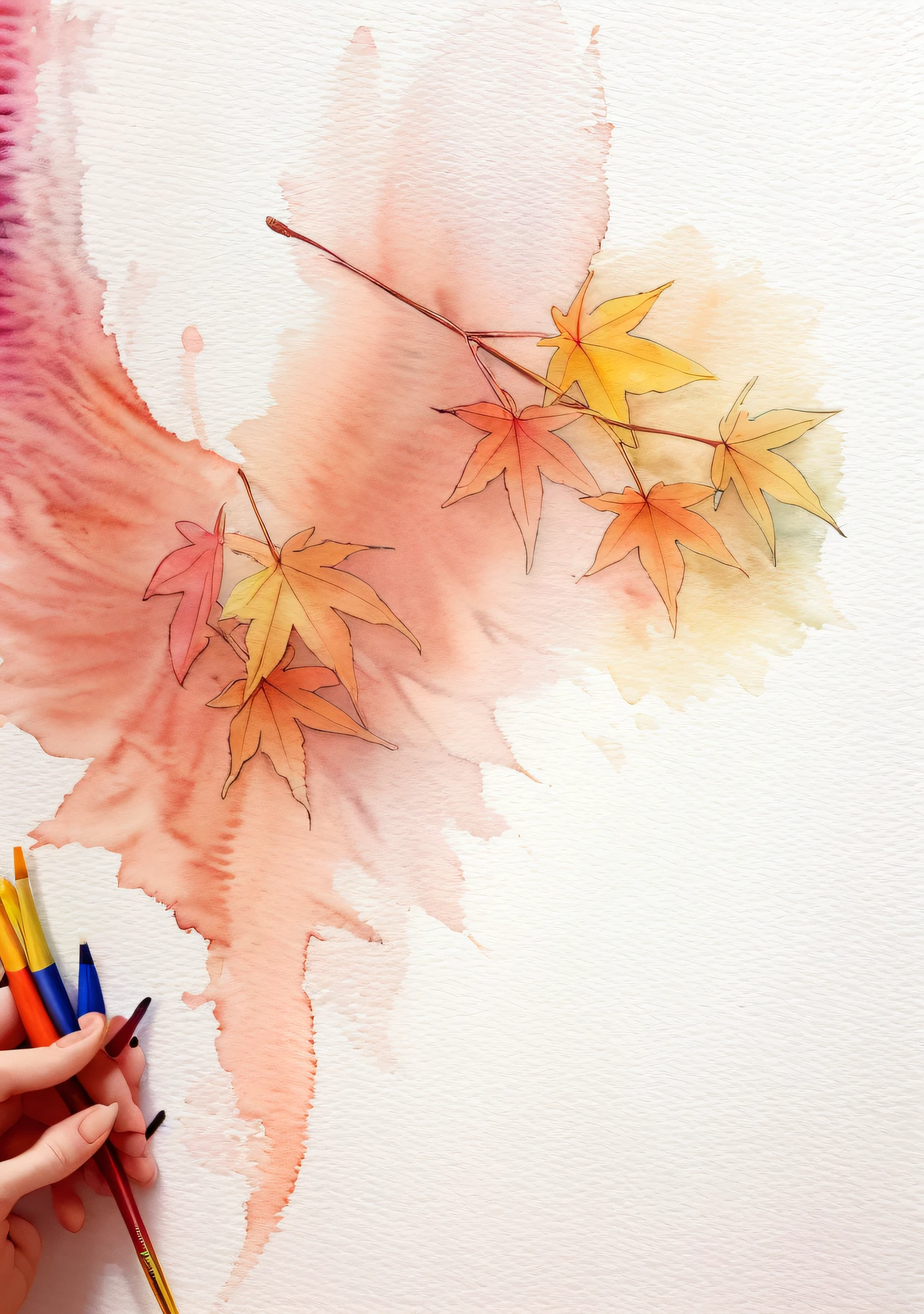 Line drawings are colored,Watercolor style,a line drawing,Maple red,The rest of the section maintains a clean background,There is no pattern