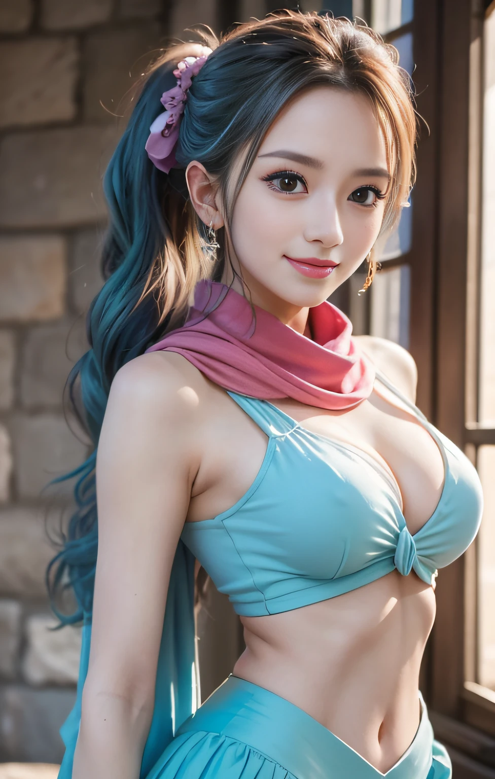 masutepiece, Best Quality,8K,highest grade, absurderes, Extremely detailed, nefertari vivi, 1 girl, Solo, Looking at Viewer, long wavy light blue hair, with two locks hanging down, one on either side of her head, which started out at about chin-length, She is most often、I wear it with my hair pulled back into a ponytail, and brown eyes, she is wearing a dancer outfit with a blue-pink top, blue-pink long skirt, and a white scarf, (Castle background),///,Details Eye Makeup、A smile