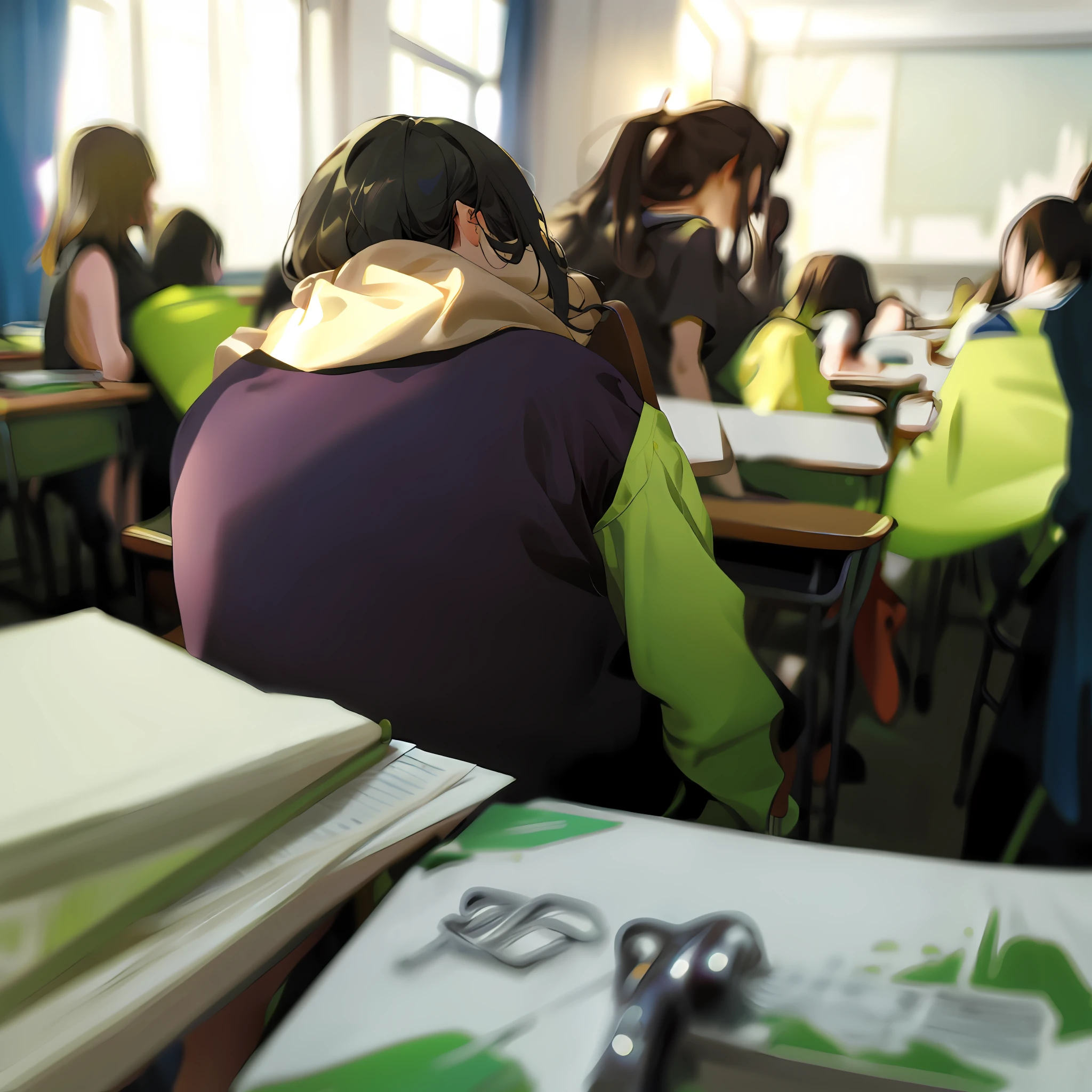 (Realistic and welcoming classroom: 1.5,High color saturation: 1.2),Lively atmosphere,The ultimate combination of light and shadow (Bright light:1.2,State-of-the-art teaching facilities:1.3, Exquisite interiors:1.2),Desks and chairs are scattered,Comfortable study space,Students gradually enter。(Wallpapers:1.3)