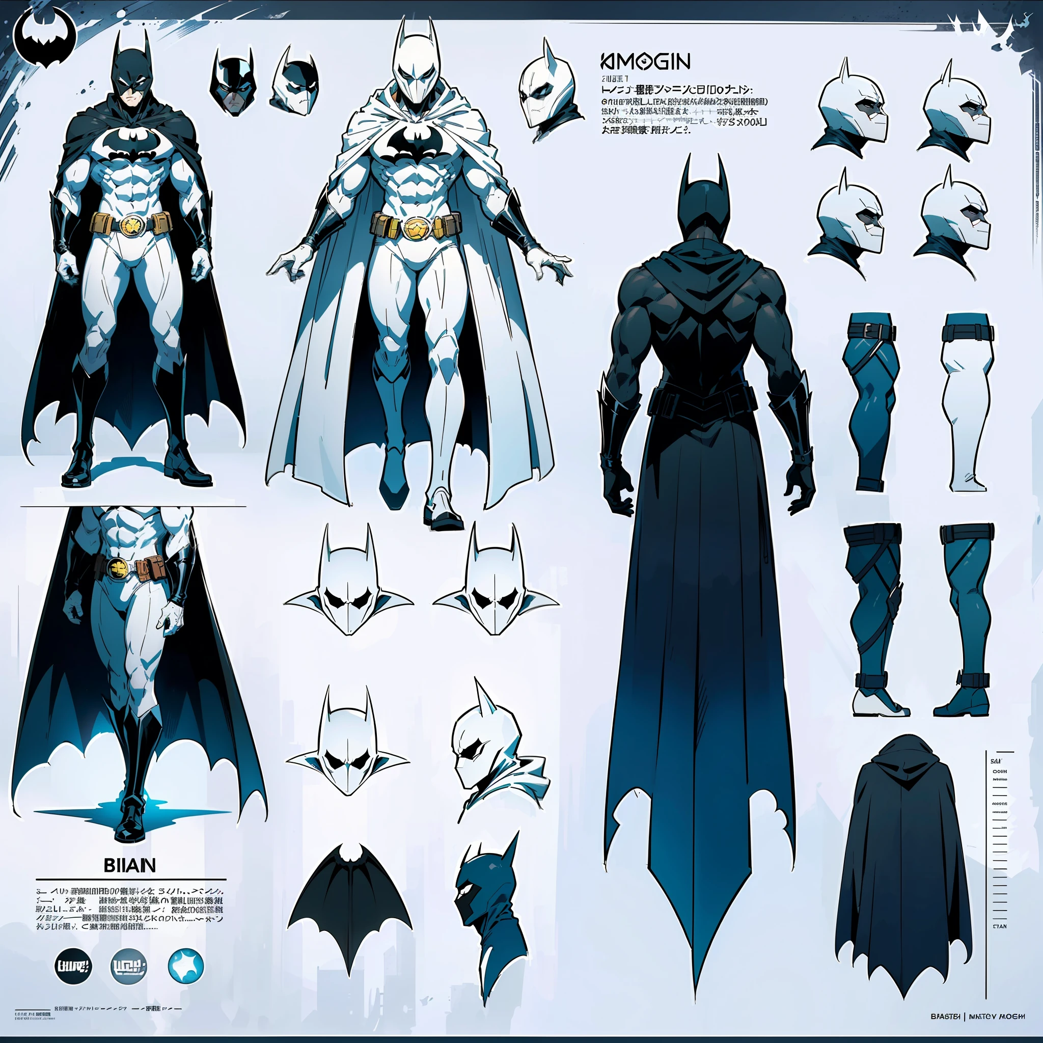 ((super detailed)),(((best quality))),(Character design sheet), ((same character front, side, back)) anime style. (1 character), Batman+moon knight, for a concept art sheet character, (strong body), (white color mask, white hood). fantasy: a white cape with a black gradient,
Moon Knight costume with details and mix of Batman costume,
A bat from Batman's costume in white.