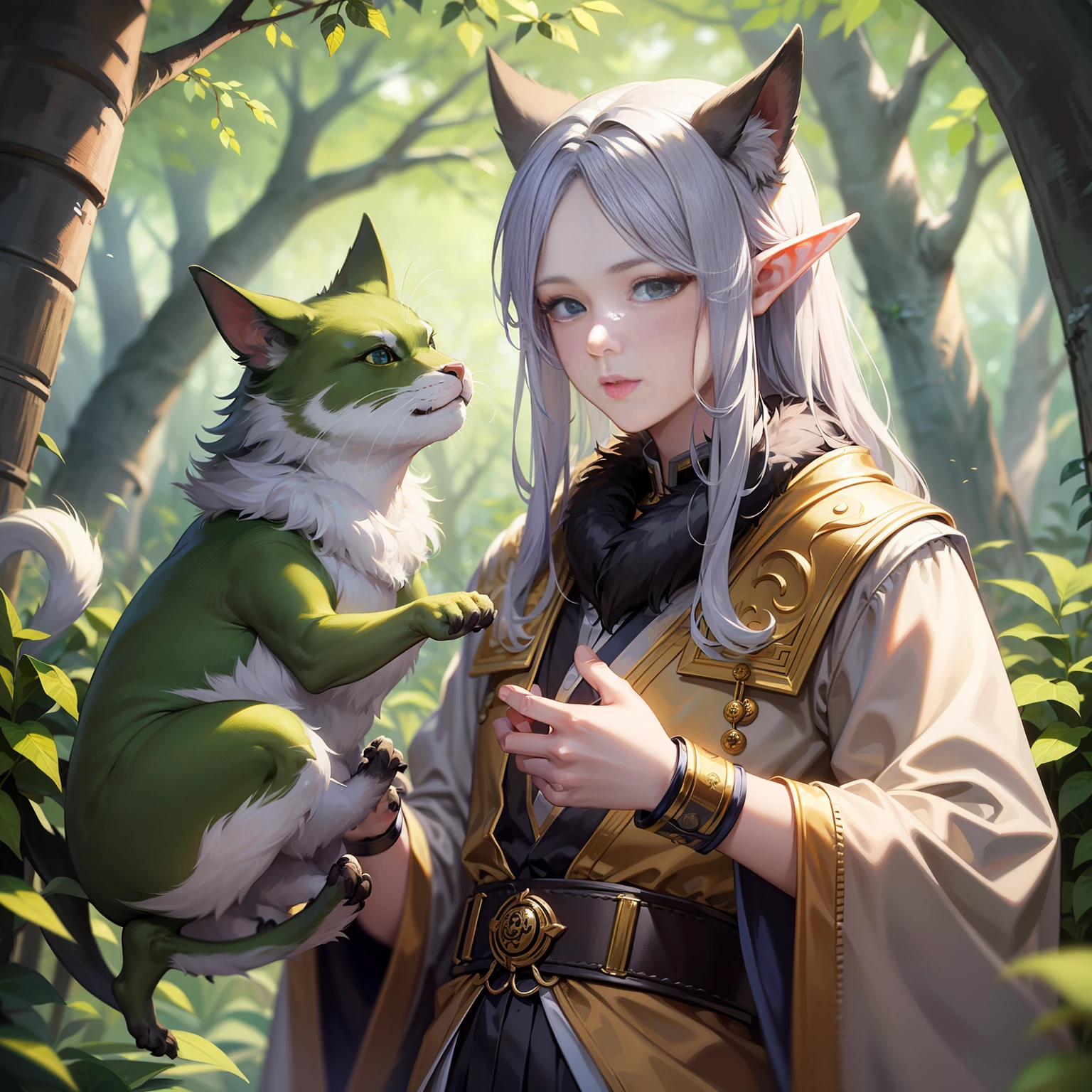 （​masterpiece）8K分辨率、top-quality、Elf beautiful man playing with animals、The background is the forest、fantasy-inspired、Hazel eyes、Rin々Shishi