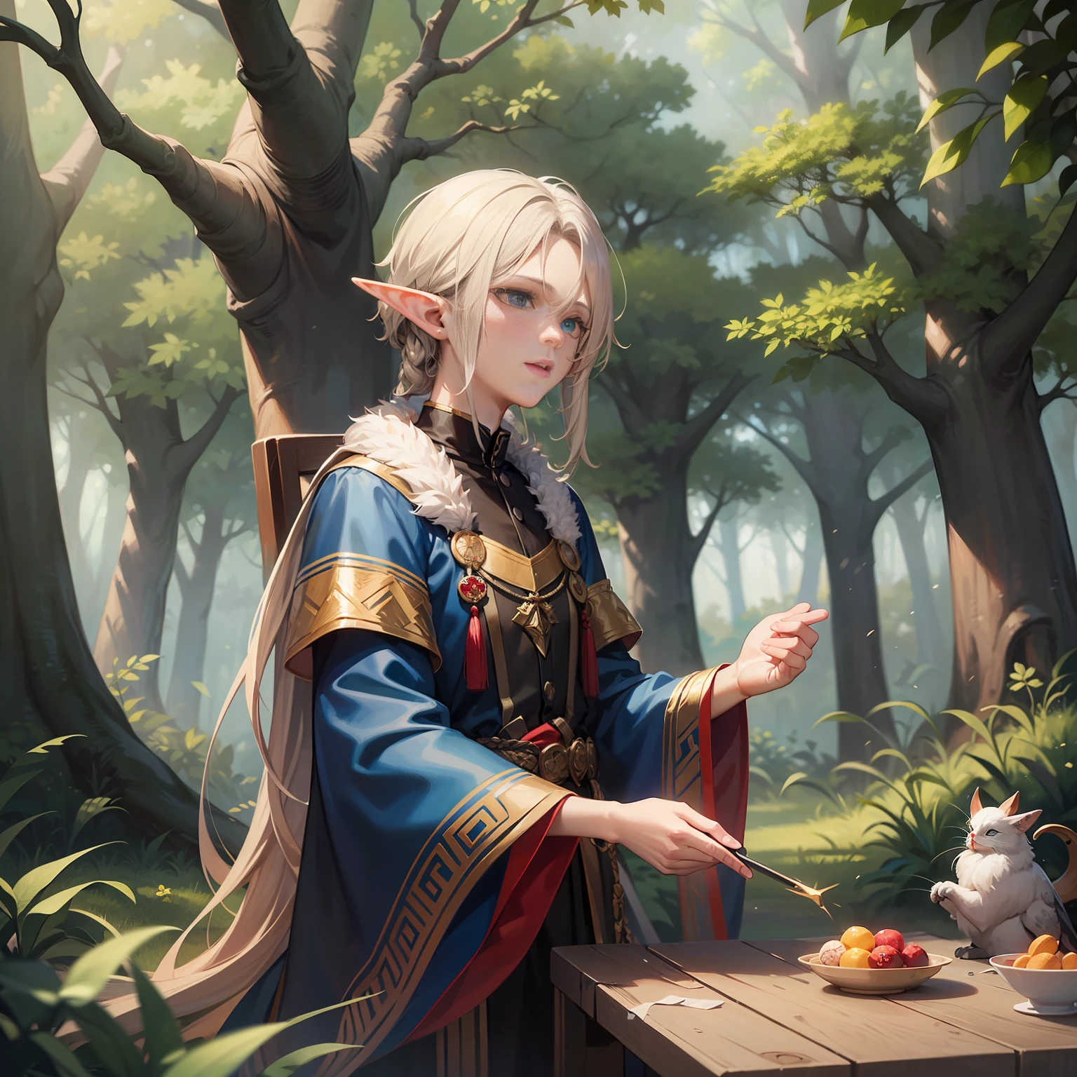 (masterpiece)8K分辨率、top-quality、Elf beautiful man playing with animals、The background is the forest、fantasy-inspired、Hazel eyes、Rin々Shishi