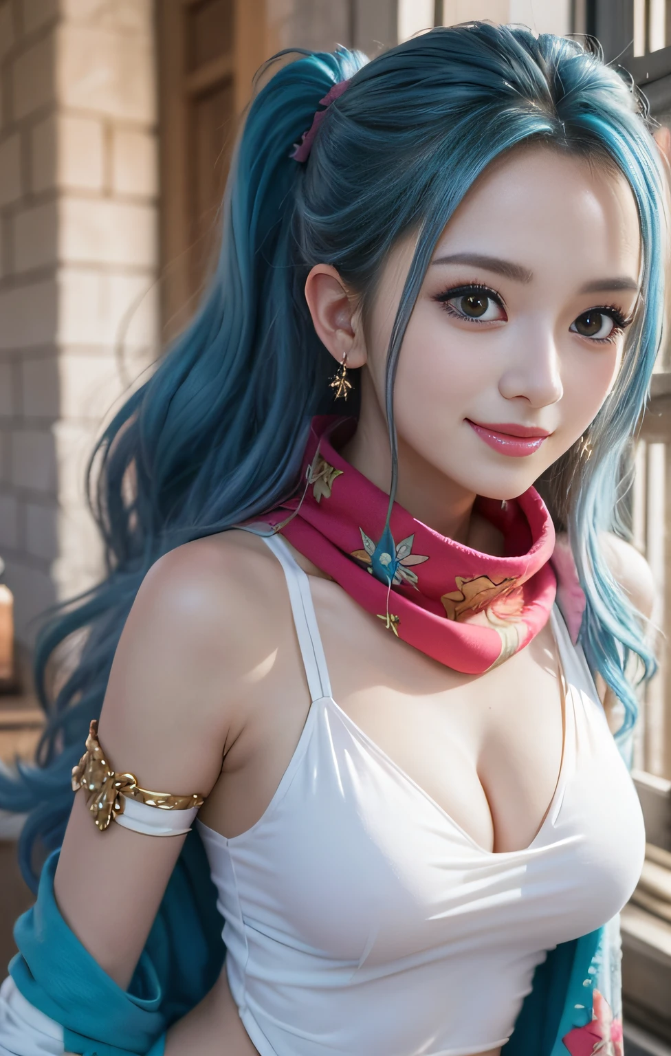 masutepiece, Best Quality,8K,highest grade, absurderes, Extremely detailed, nefertari vivi, 1 girl, Solo, Looking at Viewer, long wavy light blue hair, with two locks hanging down, one on either side of her head, which started out at about chin-length, She is most often、I wear it with my hair pulled back into a ponytail, and brown eyes, she is wearing a dancer outfit with a blue-pink top, blue-pink long skirt, and a white scarf, (Castle background),///,Details Eye Makeup、A smile