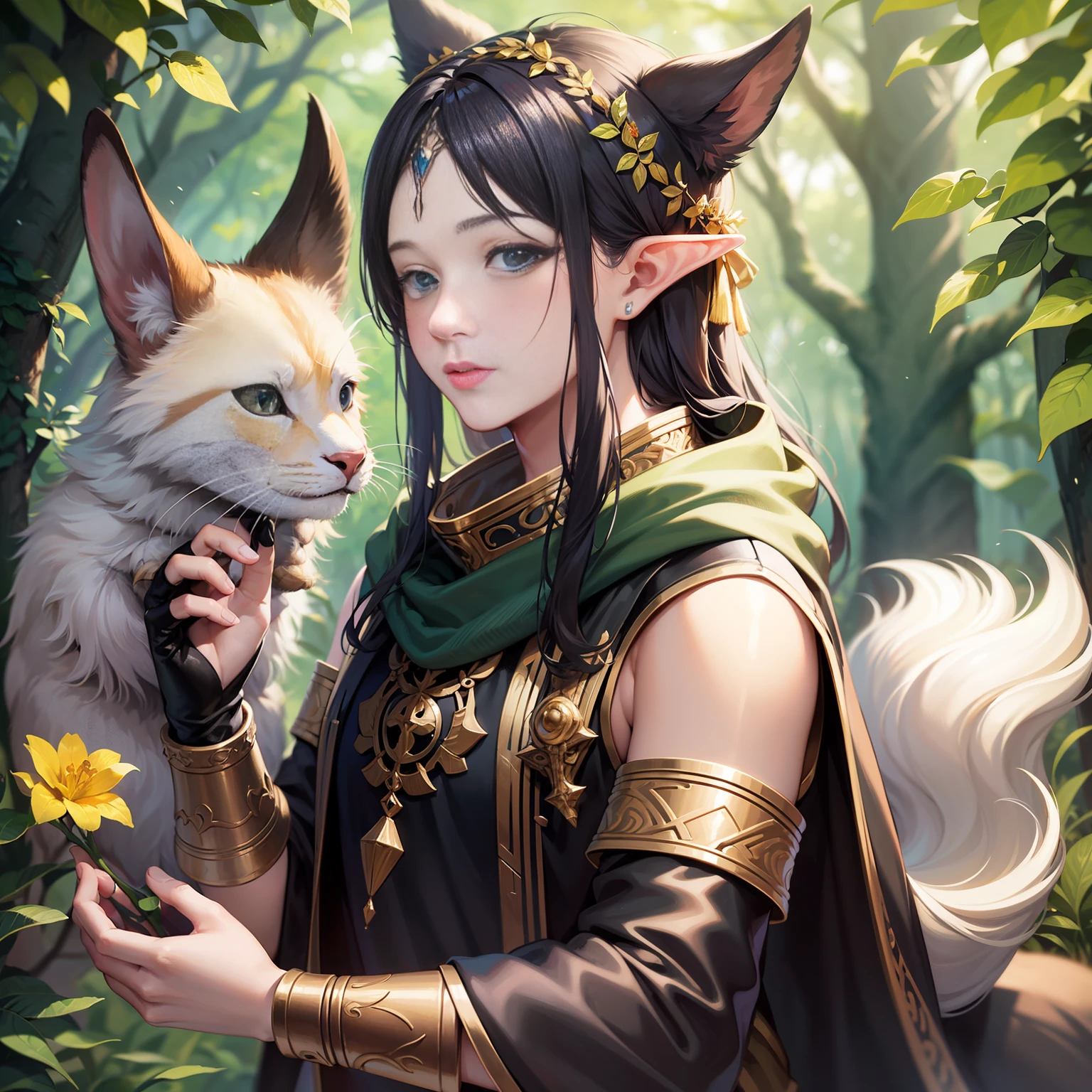 （​masterpiece）8K分辨率、top-quality、Elf beautiful man playing with animals、The background is the forest、fantasy-inspired、Hazel eyes、Rin々Shishi