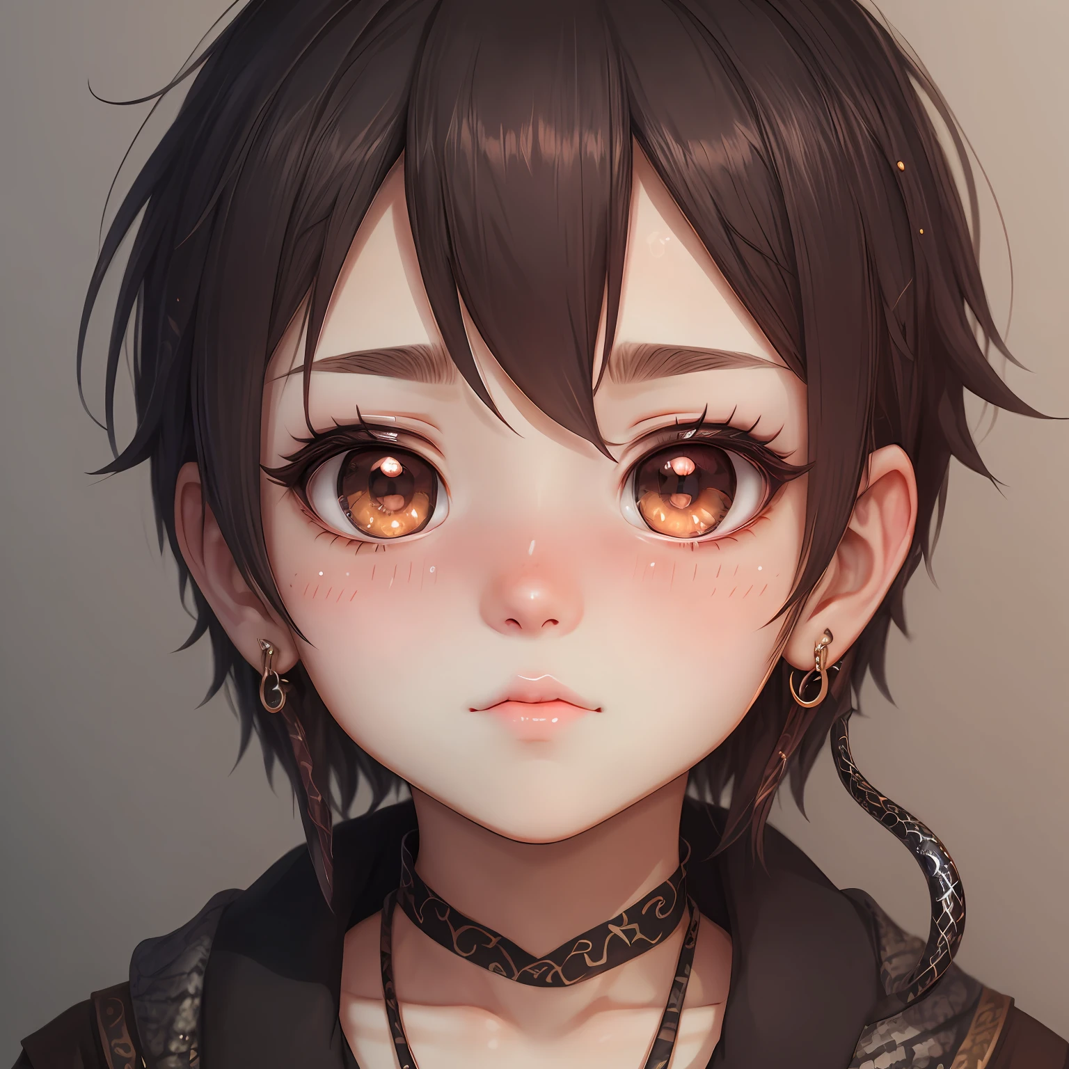 Shota，Snake pupils, Earrings, Ear blush, Bright pupils, full blush, rough breath, hyper HD, Textured skin, High details, Best quality