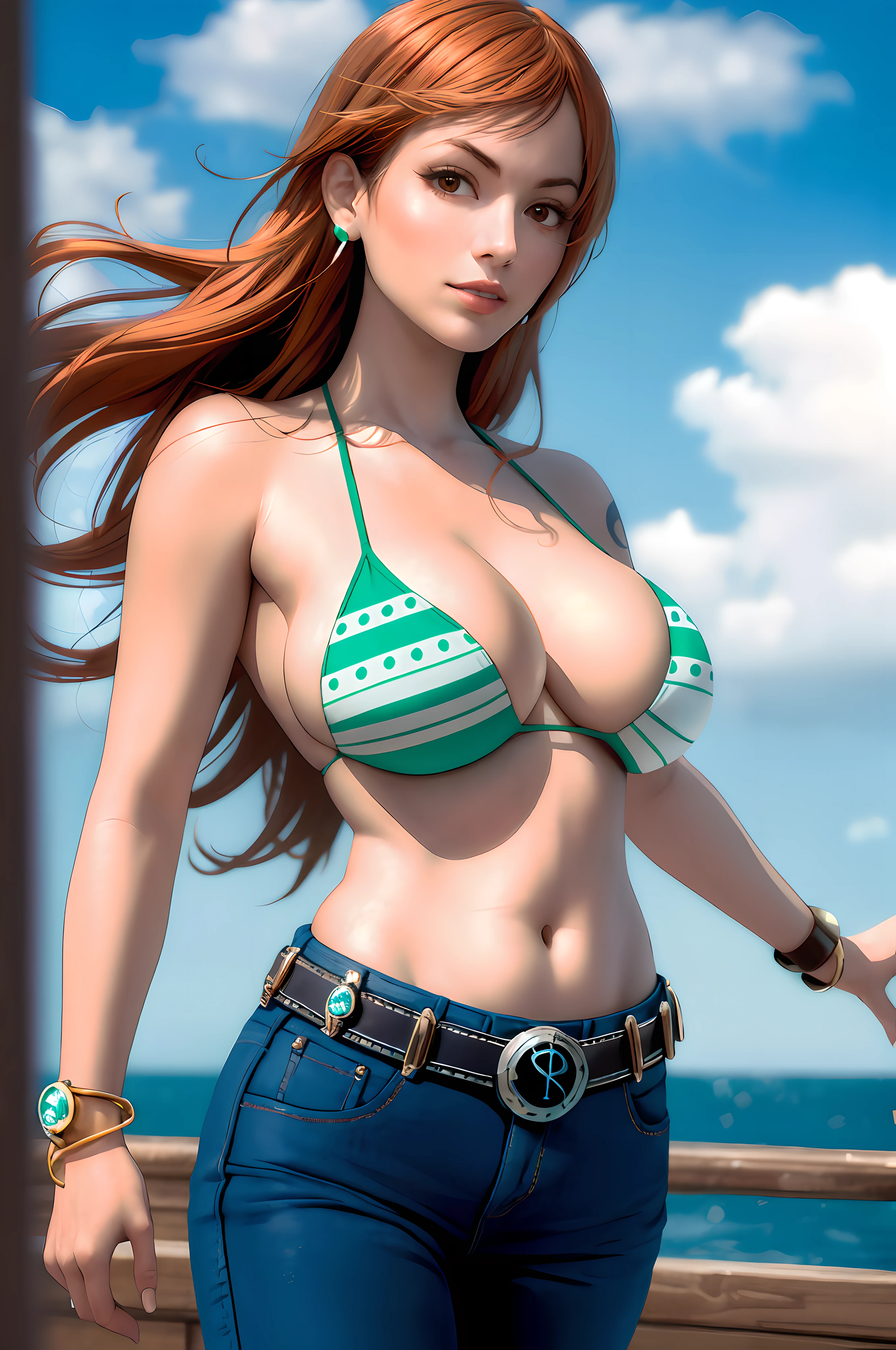 masterpiece, (photorealistic:1.5), best quality, beautiful lighting, real life, nami \(one piece\),
1girl, bangle, bangs, bare shoulders, belt, bikini, bikini top only, blue sky, bracelet, breasts, brown eyes, bubble, cleavage, cloud, cowboy shot, day, denim, earrings, floating hair, green belt, green bikini, groin, jeans, jewelry, large breasts, log pose, long hair, looking at viewer, navel, orange hair, pants, shoulder tattoo, sidelocks, sky, smile, solo, standing, stomach, swimsuit, tattoo
, intricate, high detail, sharp focus, dramatic, beautiful girl , (RAW photo, 8k uhd, film grain), caustics, subsurface scattering, reflections