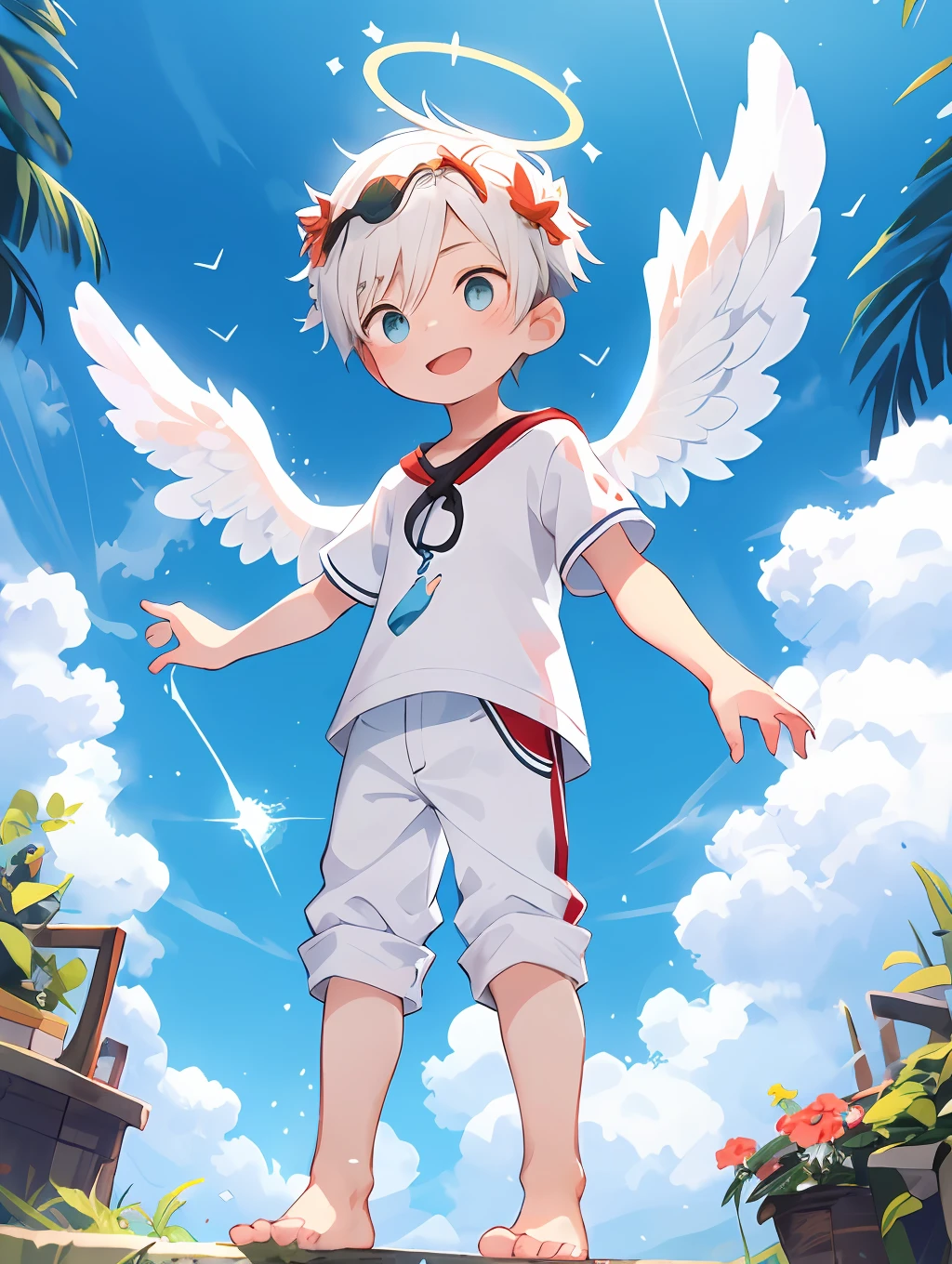 Shota，White color hair ，male people，Q version，（ddlers，ba adolable， standing on your feet， Master masterpieces， A high resolution，8K，detailedbackground，high high quality，Libido boy，（（（独奏））），(Angel wings，angelic halo，White clothes，The barefoot：0.6)，looking at viewert，angle of view，From above，Dreamlike，magical，baiyun，（Warm light source：1.2），upper sky，On the clouds，A happy expression，shorter pants