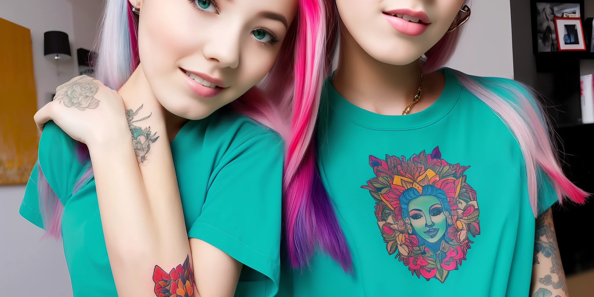 4k masterpiece unique a girl with tattoo blonde blue hair with green shirt