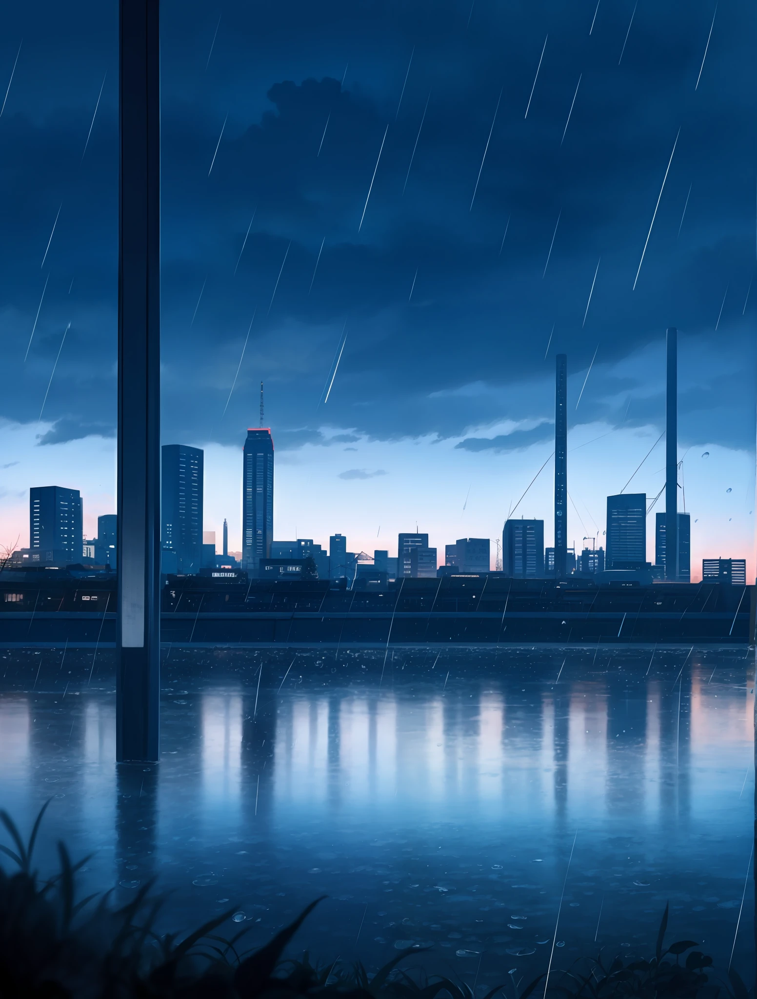 phblue, scenery, no humans, landscape, (masterpiece, best quality: 1.4), blue theme, city, twilight, 1boy, rain, cowboy shot, close up,