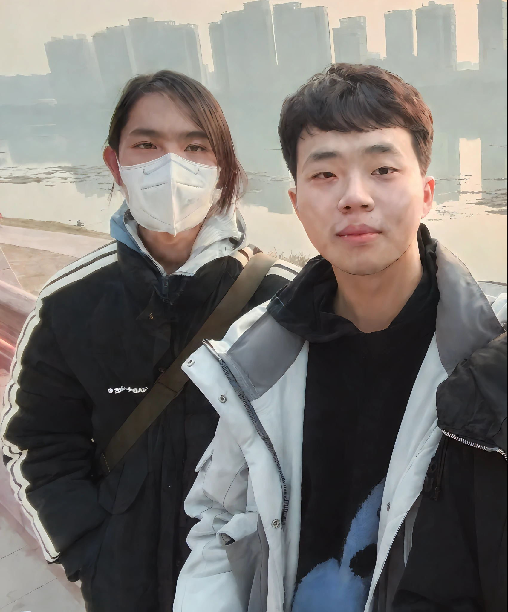 (Art HD 8,000 pixel selfie photo,Extremely realistic,scifi style,Mechanical armor,Transform people,mechs,robot),Two young men wearing masks,Long-haired wolf-tailed boy in a black mechanical trench coat wearing a mechanical mask,Wearing white mechanical style clothes,Curly-haired boy without a mask