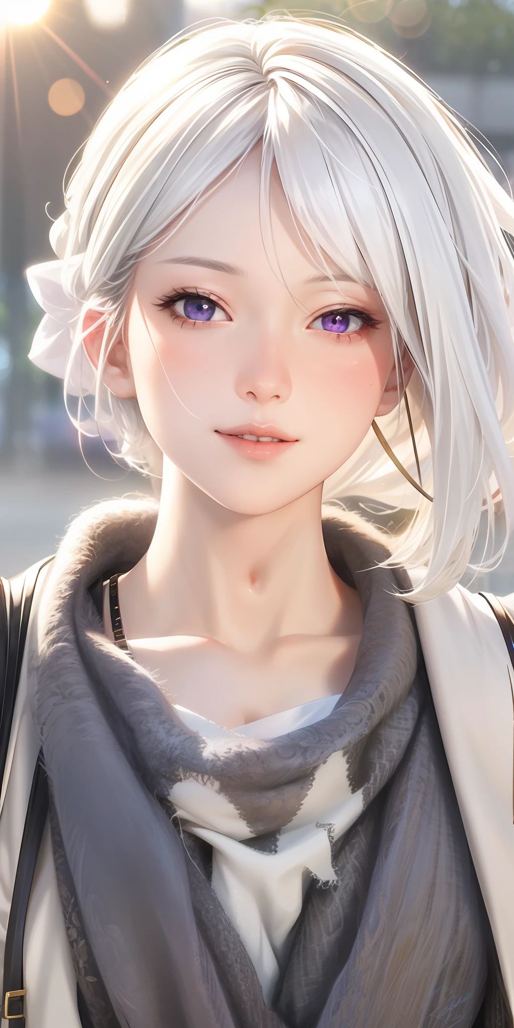 Realistic, 1girl, white hair, purple eyes, glowing eyes, nudity, parted lips, blush, night, flowers, sun, sunlight,
