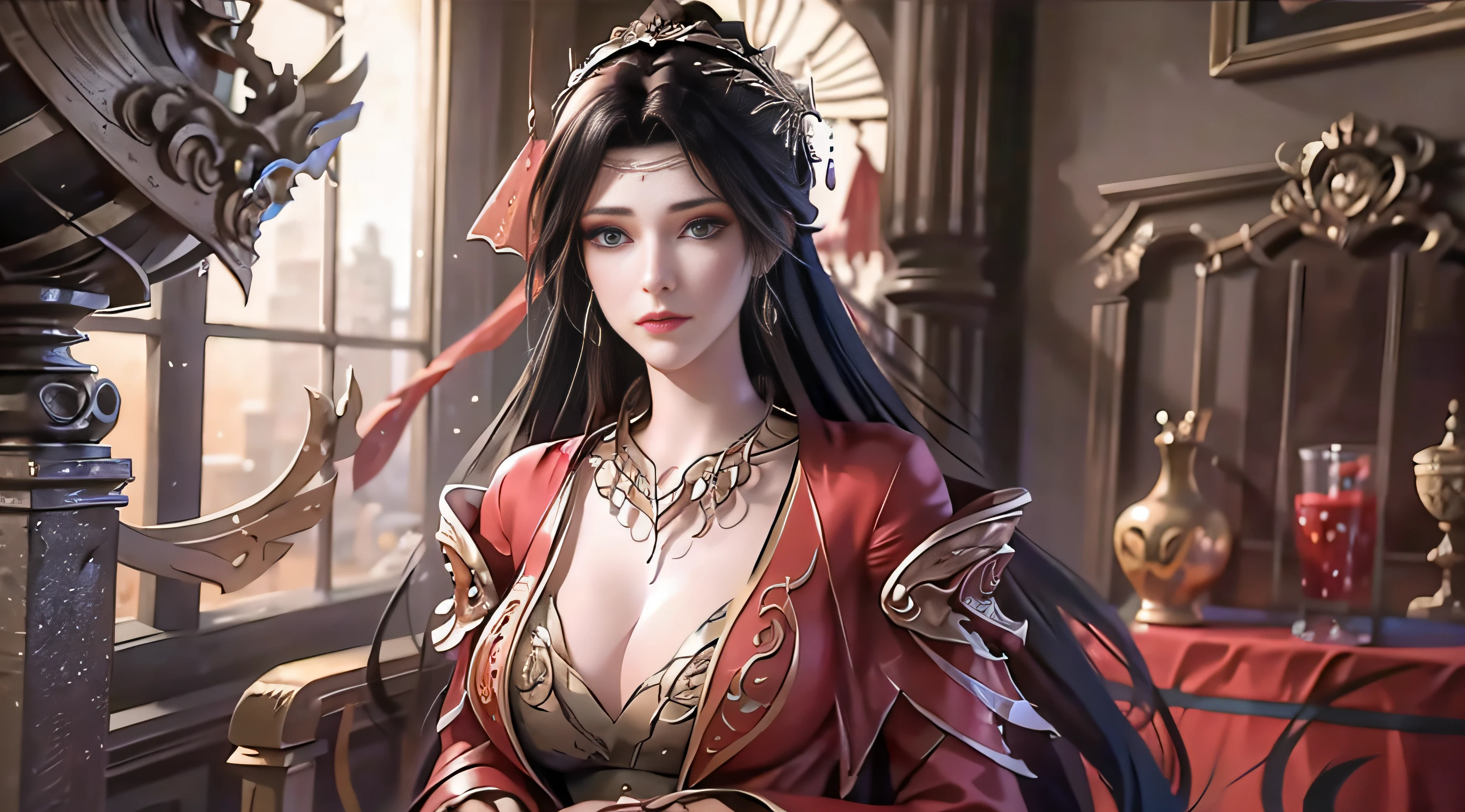 best qualtiy,tmasterpiece,Extremely Delicately Beautiful,The is very detailed,CG,unified,8k wallpaper,Beautiful Meticulous Girl,(very vey very detailed face), 1girll,独奏,full bodyesbian,Stand in a gorgeous room,Wearing a long red dress,Huge breasts