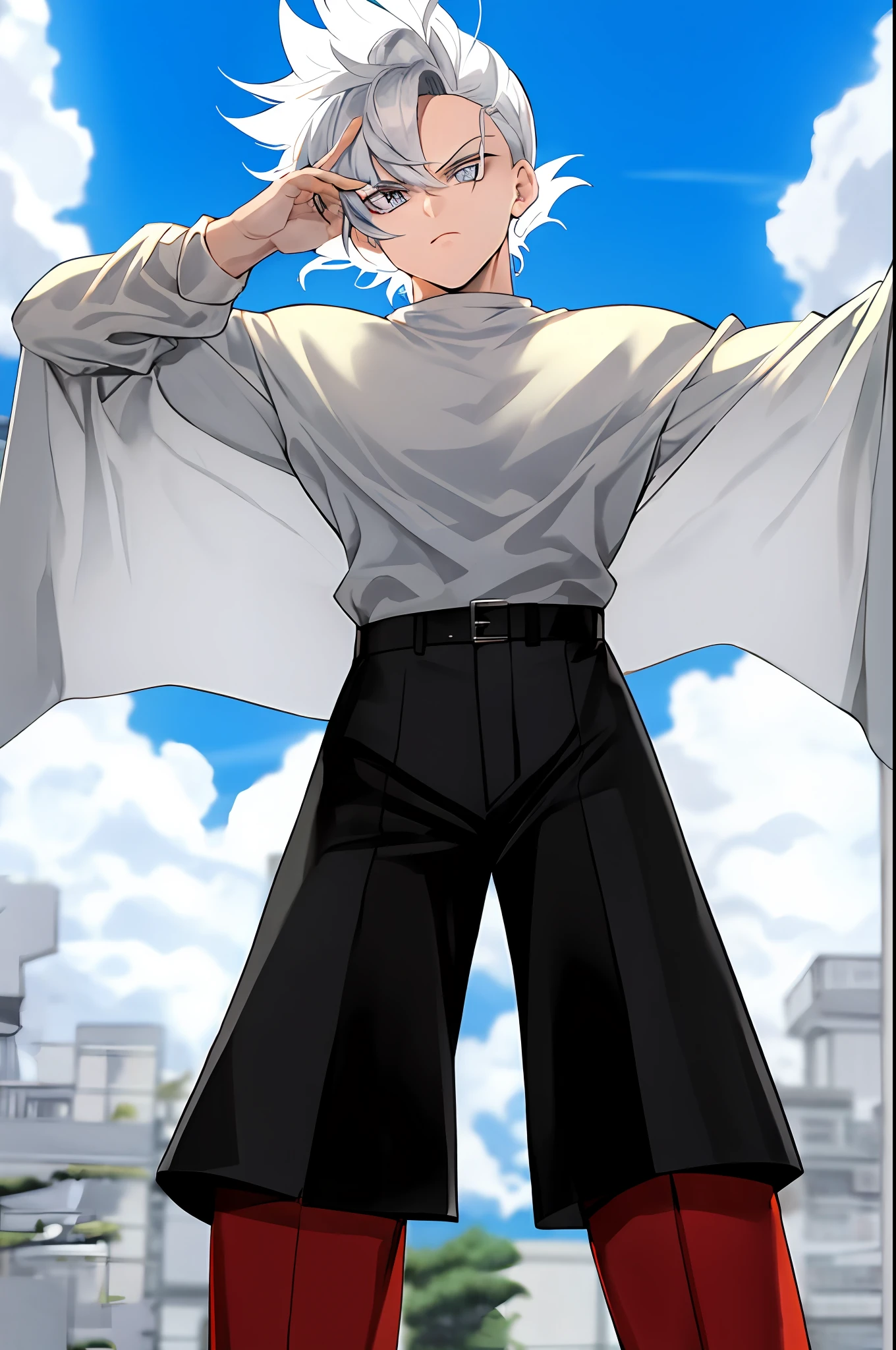 Cabelo platinado, cabelo espetado, olhos azuis, Wide pants, musculoso, pose, munhequeira preta, botas estilisada, Blurry Blue Sky, geleira, foco masculino, ((obra-prima))