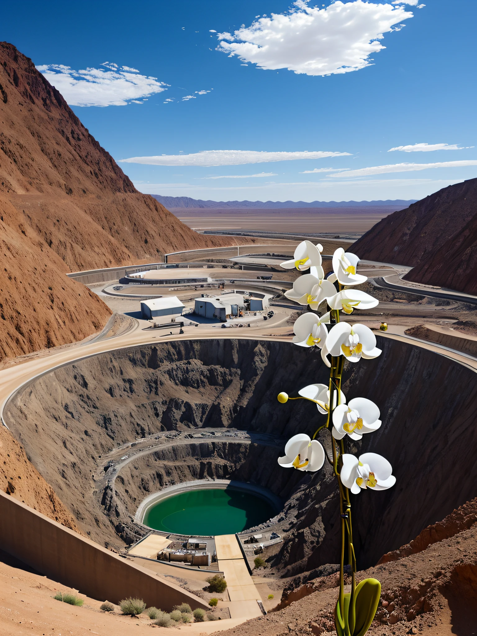 In the vast desert,There is a mine,A white Phalaenopsis orchid blooms on top of the mine