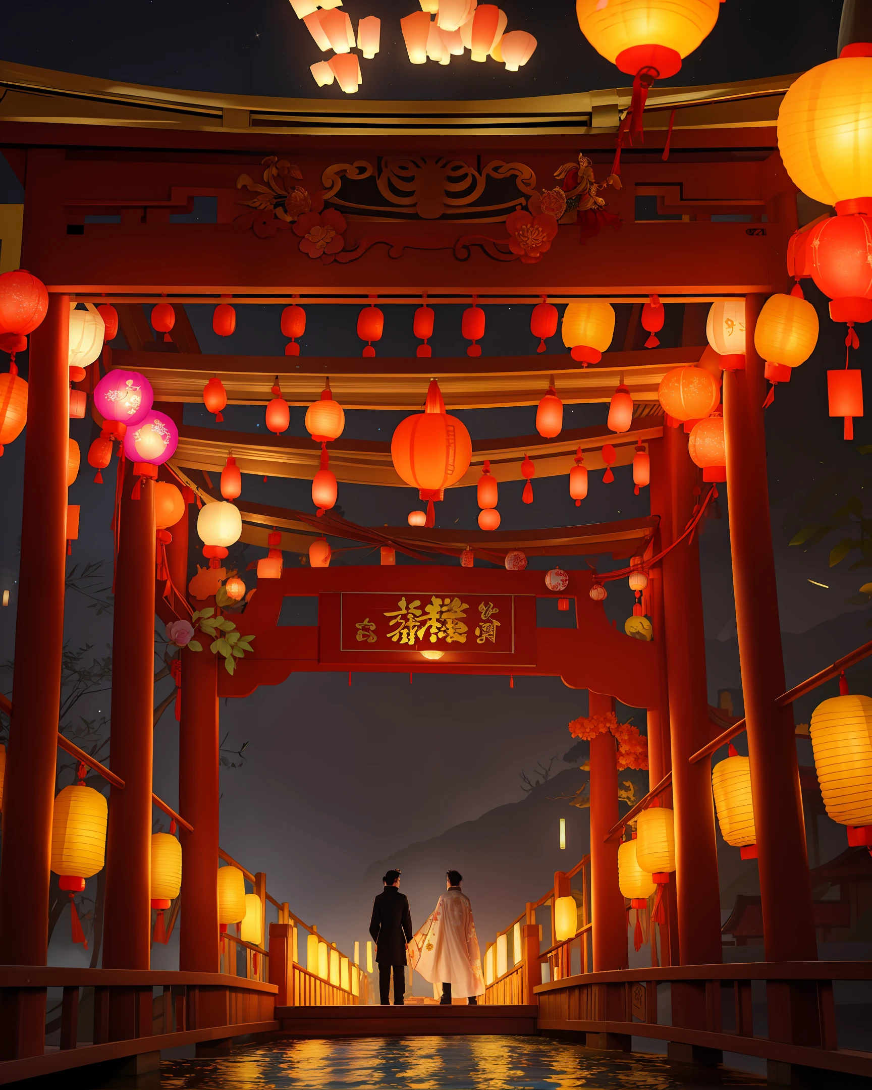 Ancient Two Men High Quality Boutique Starry Sky Kong Ming Lantern Small Bridge Flowing Water Lantern Shop Hand in Hand Emperor Run Small Merchant Lantern Festival Look at each other