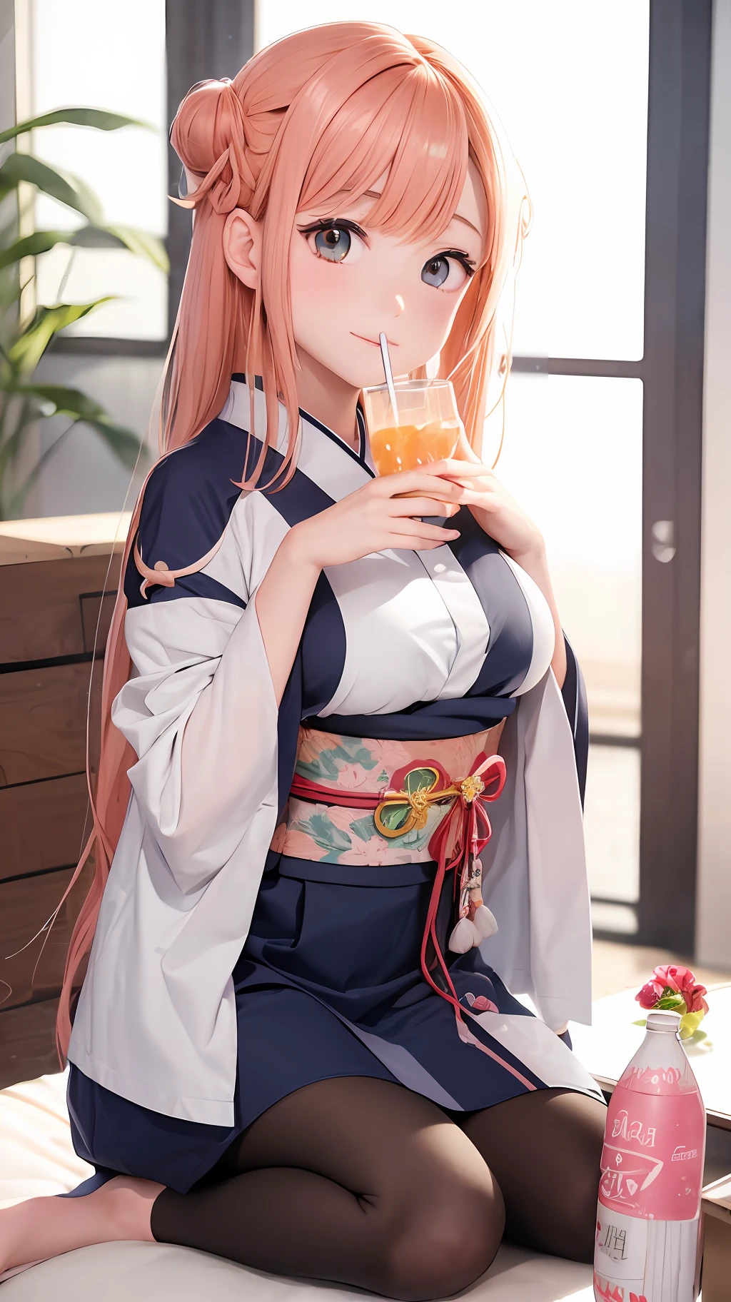 17 year old anime girl in kimono costume holding drinks and a plate of food, anime visual of a cute girl, shirabii, saori, soda themed girl, shirobako, hints of yayoi kasuma, anime food, Ayaka Genshin impact, hana yata, komono, Sakimican, drinking a drink, in a kimono,pink short hair,Right bun, But the hair on the back of the head hangs down to the shoulders,There are bangs in the middle,There are cracks on both sides,Messy ends,hyper HD,D-cups