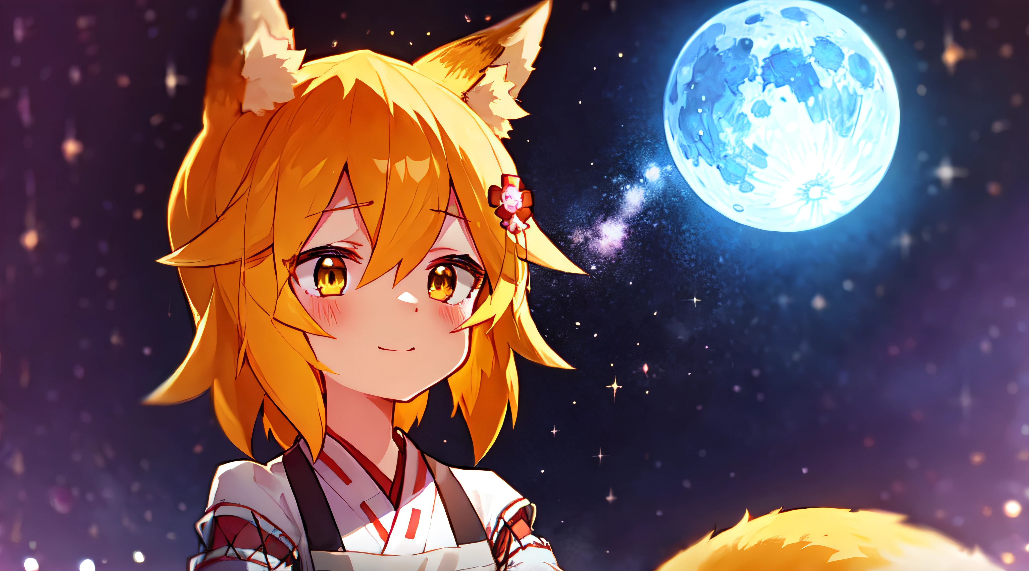 Ultra-detailed starry night scene, extremely focused image, (detailed light: 1.05), a fox girl with orange hair, small stature, solo, kimono, miko, fox ears and tail, floral hair ornament, gazing up with wonder in her crisp, luminous emerald eyes, enchanted smile on her flawless face, dazzlingly clear night sky filled with two sharp, detailed moons, brilliantly vivid constellations swirl overhead, notes of rich purple, blue and green fill the crisp sky, representing her sense of awe and hope, elegant beauty, masterful depth, textures and details