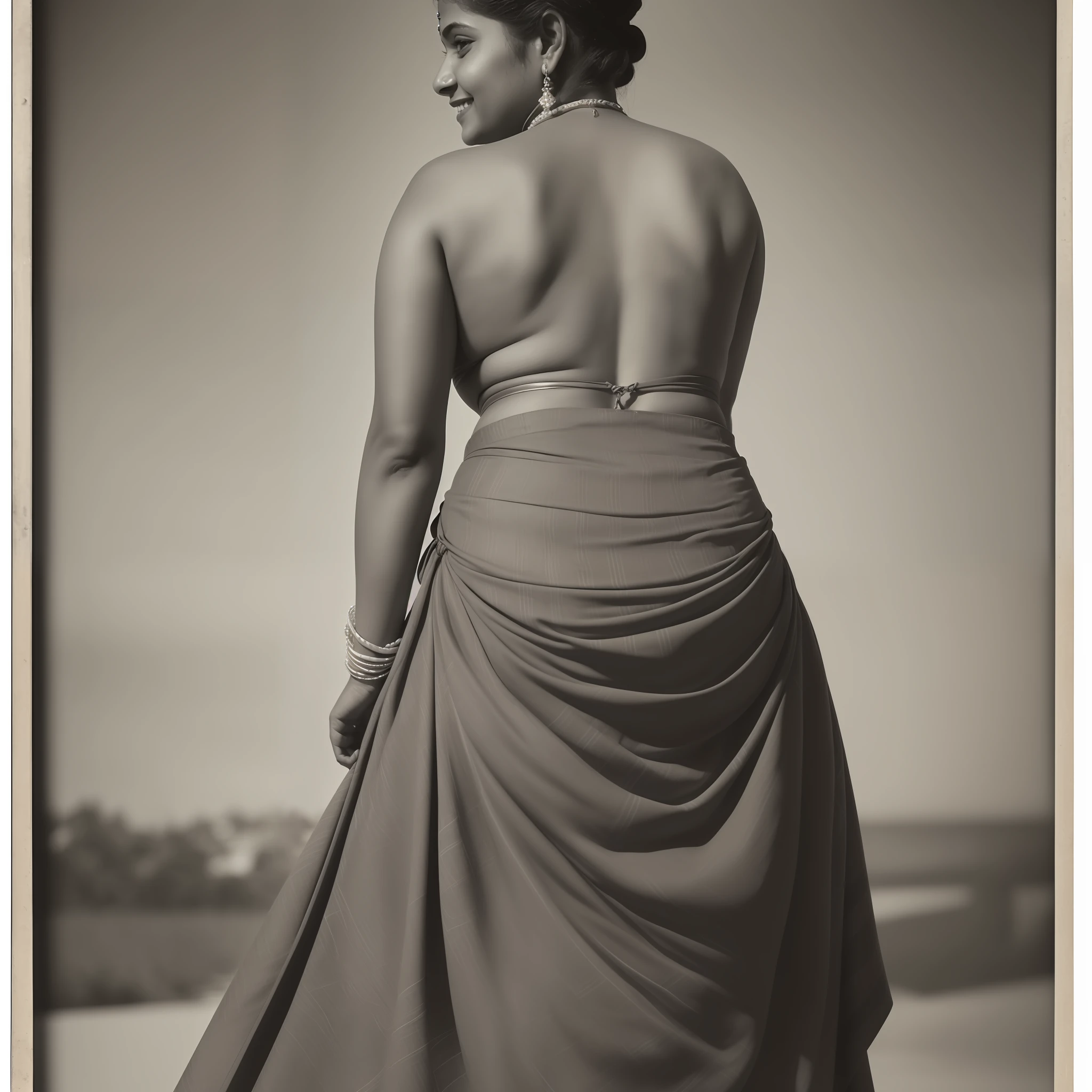 Indian Kerala woman,1910s, back view, bare back, wearing a wraparound skirt, (lehnert and landrock photography:1.3), looking at camera,monochromatic, ((photorealistic:1.3)), curvy, smiling