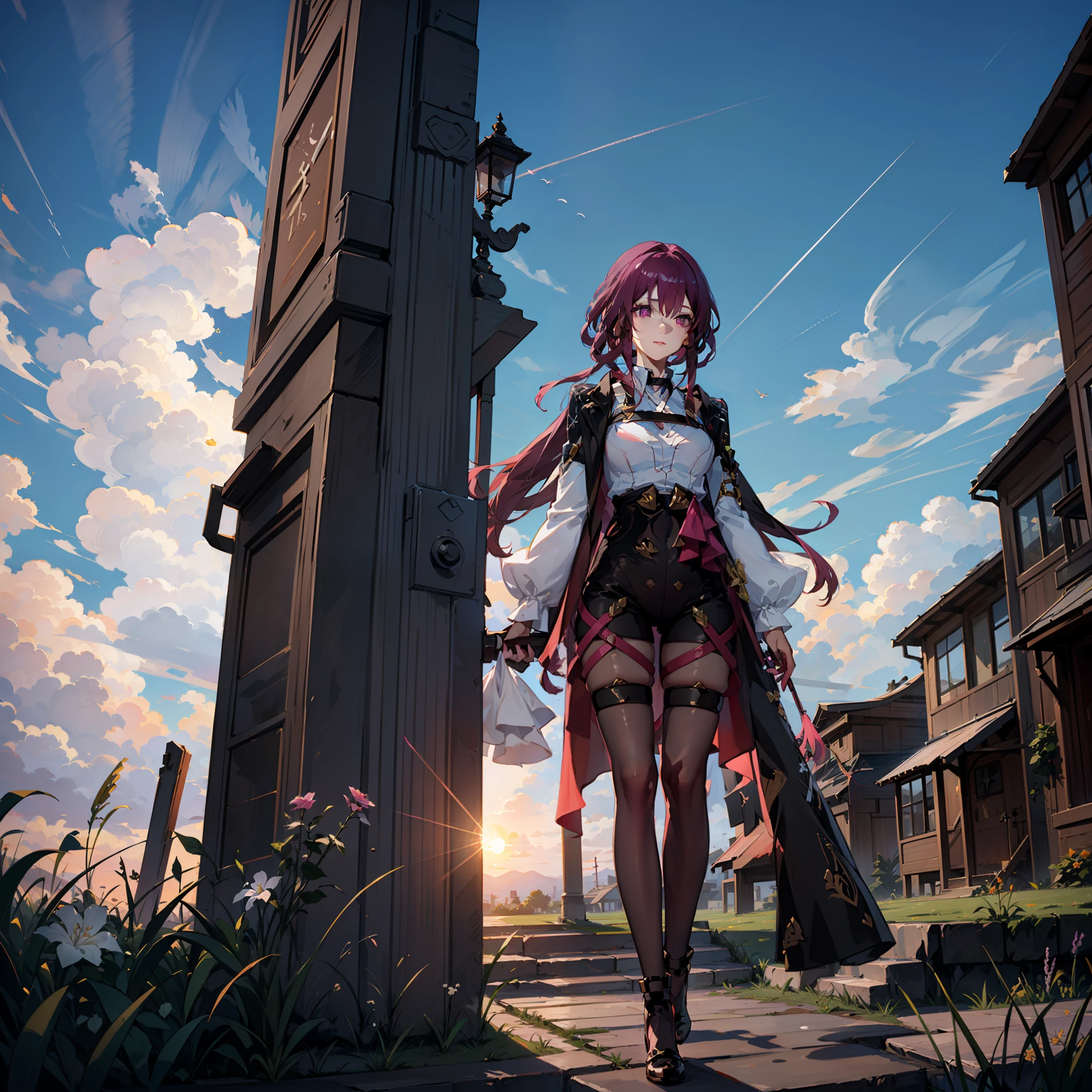 (Two-dimensional painting style),Best quality, Ultra-detailed, Extremely detailed, CG unity 8k wallpaper, Floating,Transparent wing, Pink eye,(1girll),Long golden hair,White dress,holding a staff, fantasy scenery, Sunset sky, White clouds, Fluffy grass, Small flowers, Vignette.