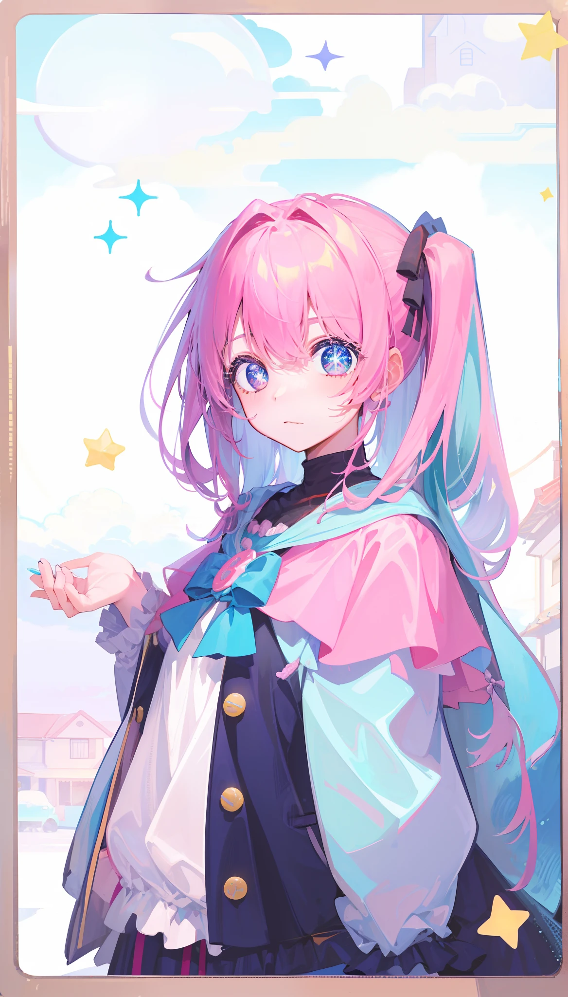 In the background is a candy house，There was a lot of sweets，There are clouds made of marshmallows。Girls' eyes are star eyes like Ai Hoshino，she has pink、Blue single-horned ponytail。