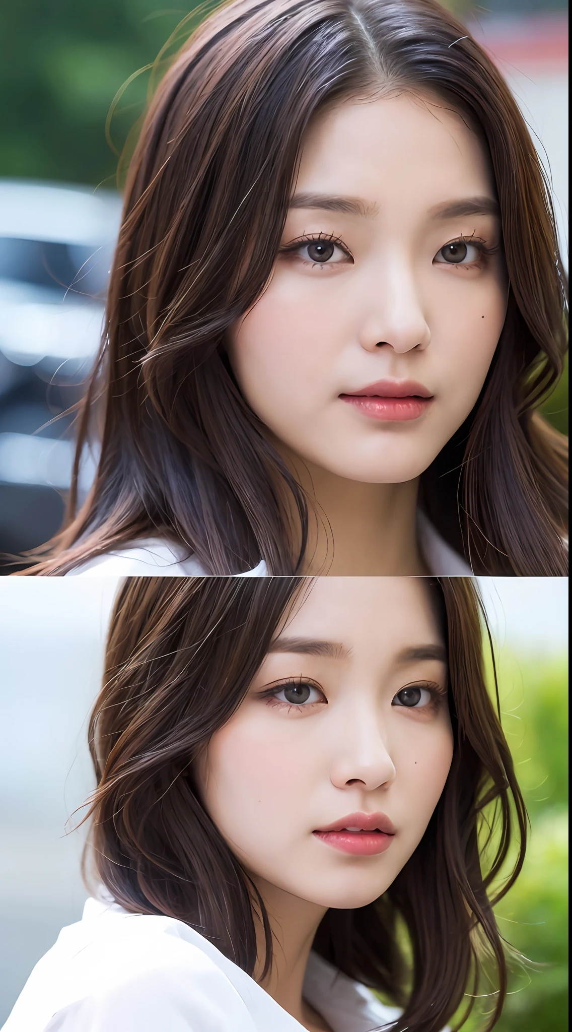 ((Best Quality, 8K, Masterpiece: 1.3)), Sharp: 1.2, Perfect Body Beauty: 1.4, Slim Abs: 1.2, ((Layered Hairstyle, Big Breasts: 1.2)), (Wet White Button Long Shirt: 1.1), (Rain, Street: 1.2), Wet: 1.5, Highly detailed face and skin texture, detailed eyes, double eyelids, side face looking at the camera