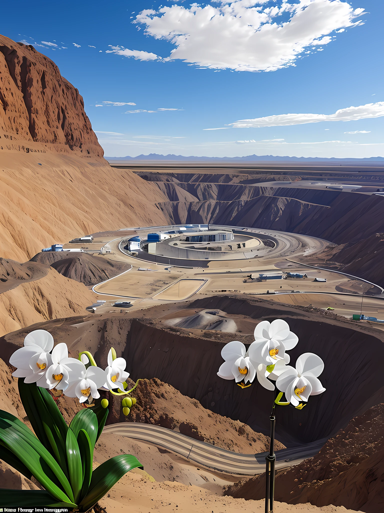 In the vast desert,There is a mine,A white Phalaenopsis orchid blooms on top of the mine