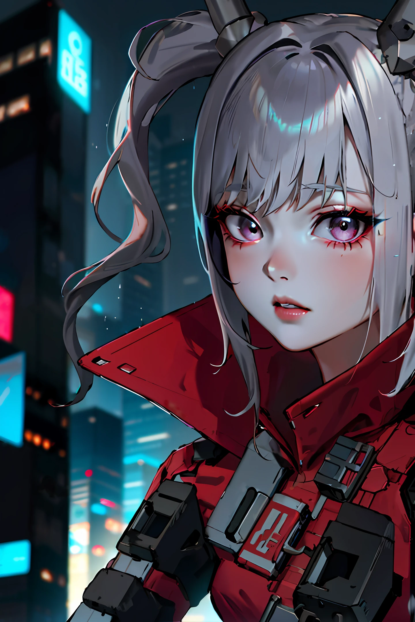 lucy \(cyberpunk\), 1girl,  hair scrunchie, hime cut, silver hair, colored tips, full moon, grey eyes, jacket, long sleeves, looking at viewer, medium hair, multicolored hair, parted bangs, parted lips, pink hair, portrait, red eyeliner, red lips, solo, white jacket, cyberpunk \(series\), rainy night in a cyberpunk city with glowing neon lights